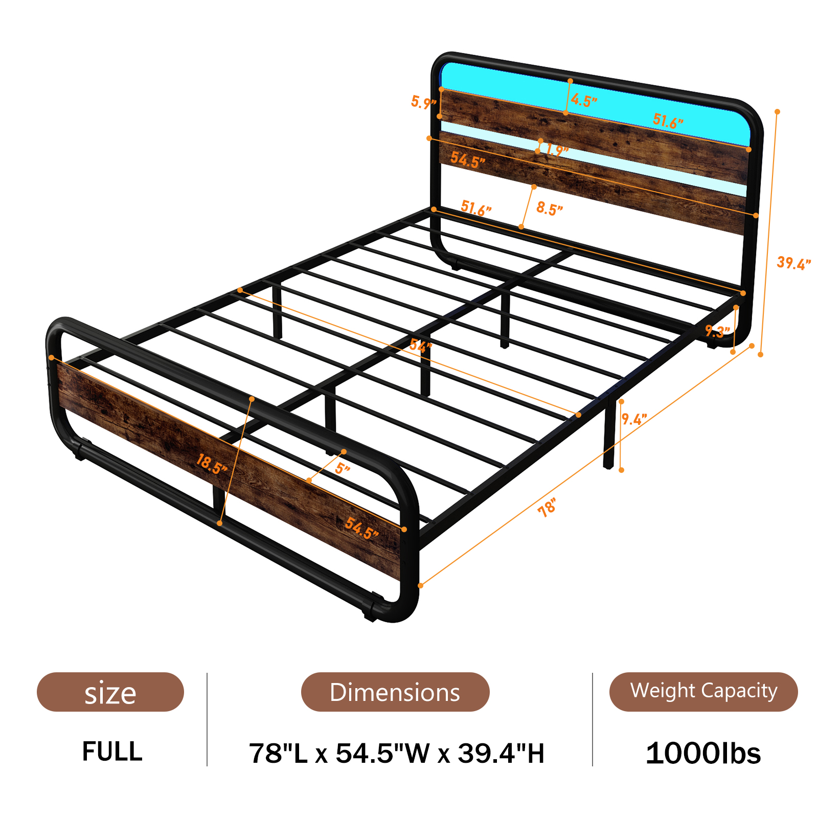 ChVans LED Full Size Bed Frame with Wood Headboard & Footboard, Heavy Duty Metal Bed Frame with LED Lights & Under-Bed Storage, Noise Free, No Box Spring Needed, Brown