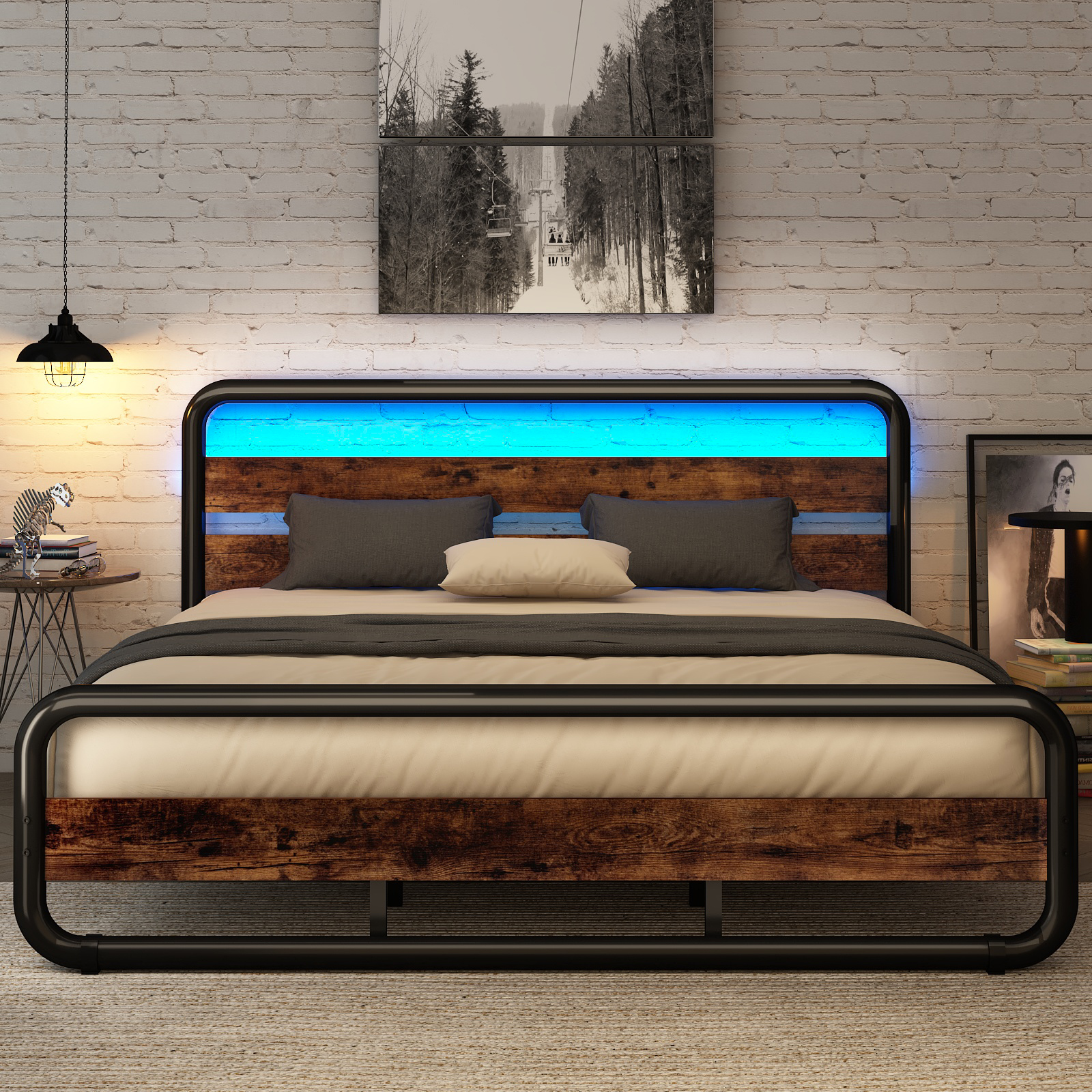 ChVans LED Queen Size Bed Frame with Wood Headboard & Footboard, Heavy Duty Metal Bed Frame with LED Lights & Under-Bed Storage, Noise Free, No Box Spring Needed, Brown
