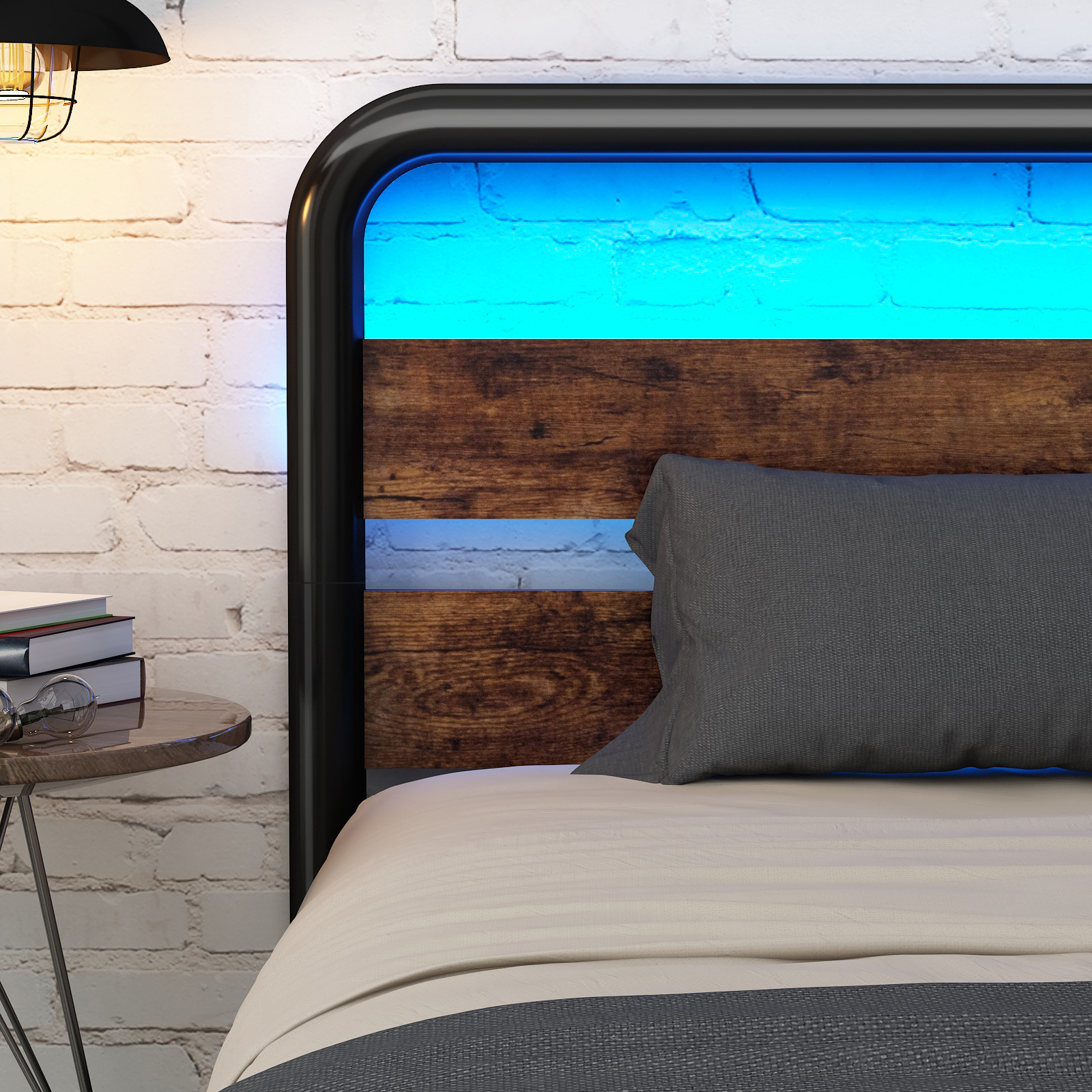 ChVans LED Queen Size Bed Frame with Wood Headboard & Footboard, Heavy Duty Metal Bed Frame with LED Lights & Under-Bed Storage, Noise Free, No Box Spring Needed, Brown