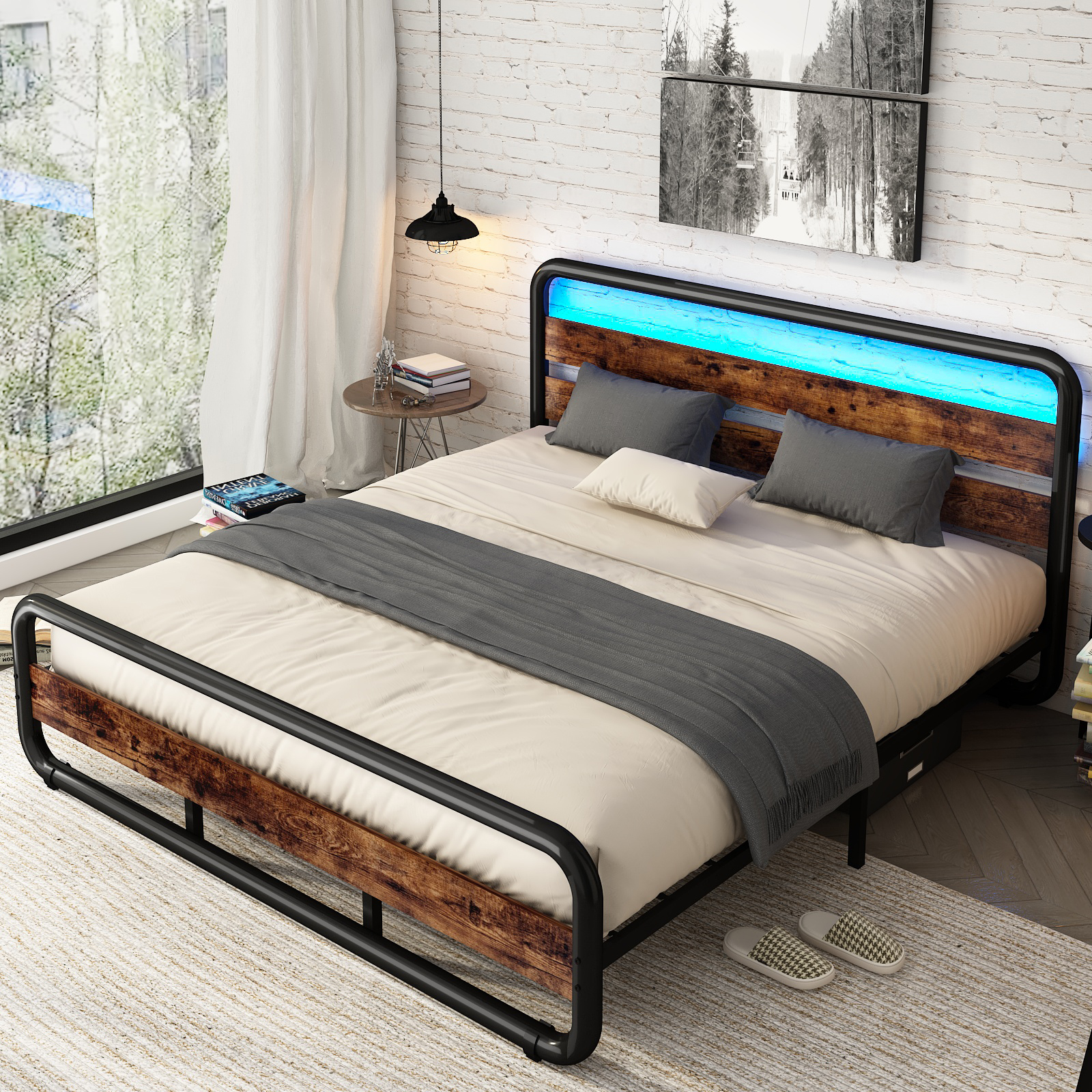 ChVans LED Full Size Bed Frame with Wood Headboard & Footboard, Heavy Duty Metal Bed Frame with LED Lights & Under-Bed Storage, Noise Free, No Box Spring Needed, Brown