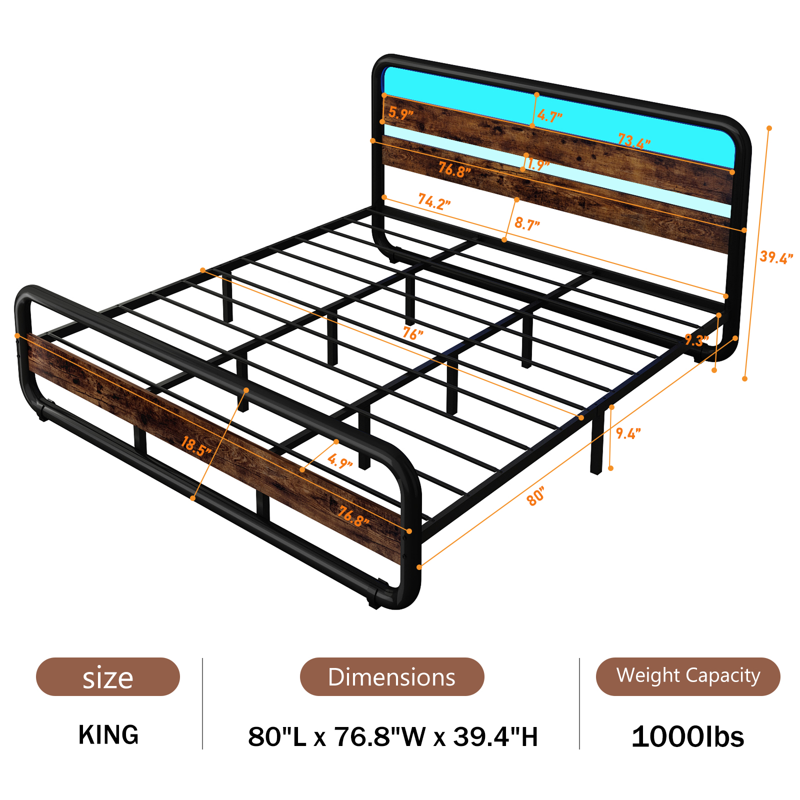 ChVans LED Full Size Bed Frame with Wood Headboard & Footboard, Heavy Duty Metal Bed Frame with LED Lights & Under-Bed Storage, Noise Free, No Box Spring Needed, Brown