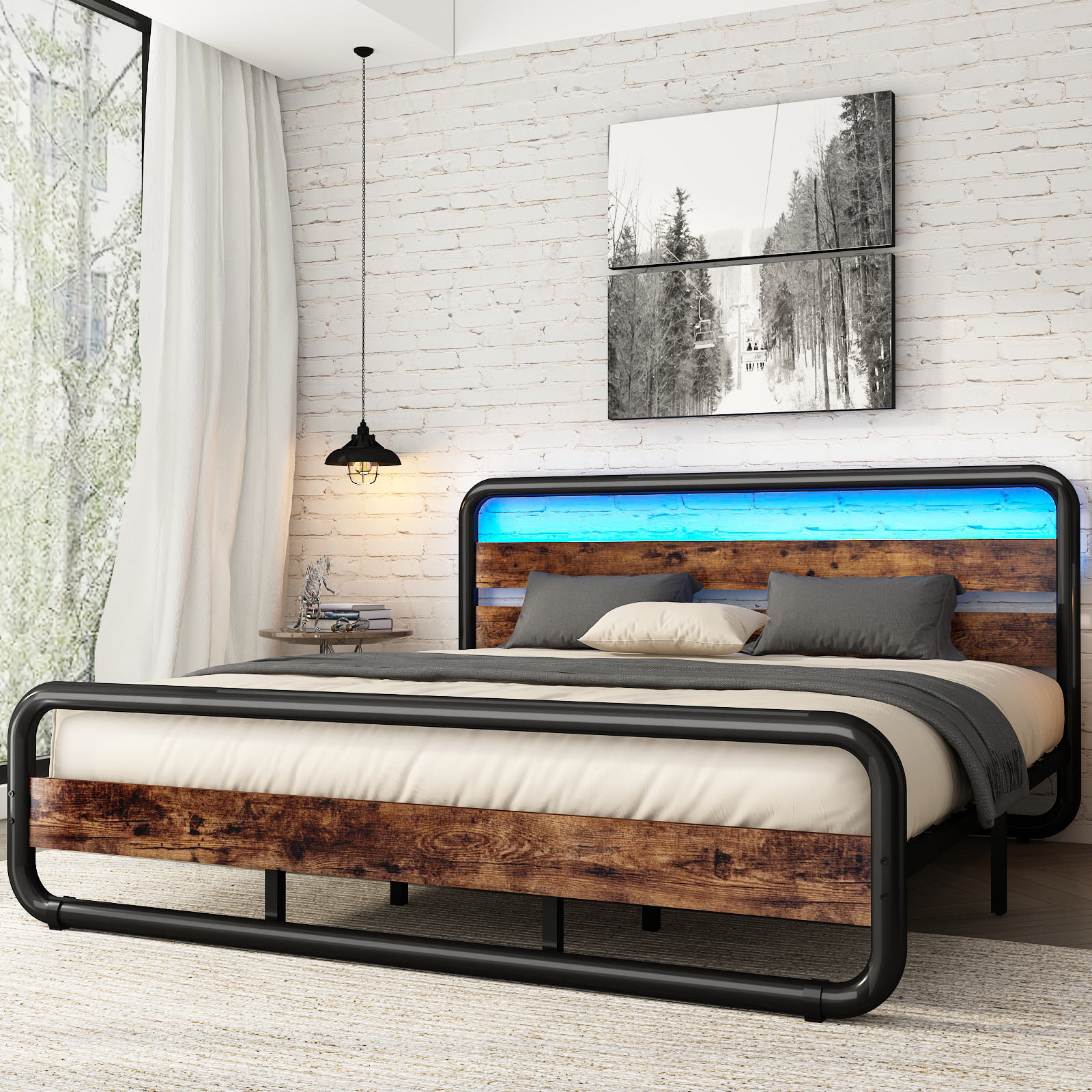 ChVans LED Full Size Bed Frame with Wood Headboard & Footboard, Heavy Duty Metal Bed Frame with LED Lights & Under-Bed Storage, Noise Free, No Box Spring Needed, Brown