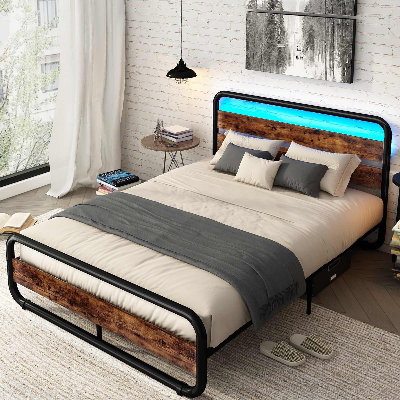 ChVans LED Full Size Bed Frame with Wood Headboard & Footboard, Heavy Duty Metal Bed Frame with LED Lights & Under-Bed Storage, Noise Free, No Box Spring Needed, Brown