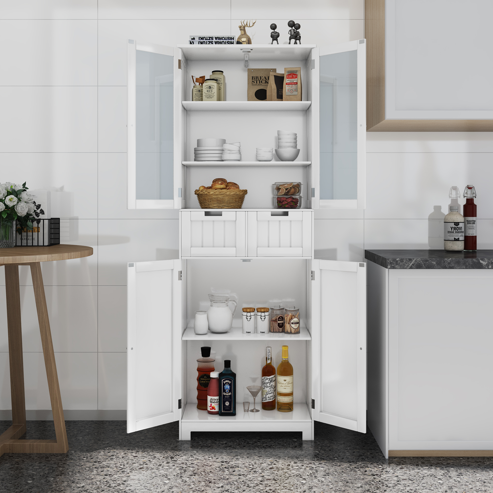 ChVans 6 Shelf Storage Cabinet with 4 Doors/2 Drawers, 67" Kitchen Pantry Storage Cabinet with Adjustable Shelf for Kitchen, Bathroom, White