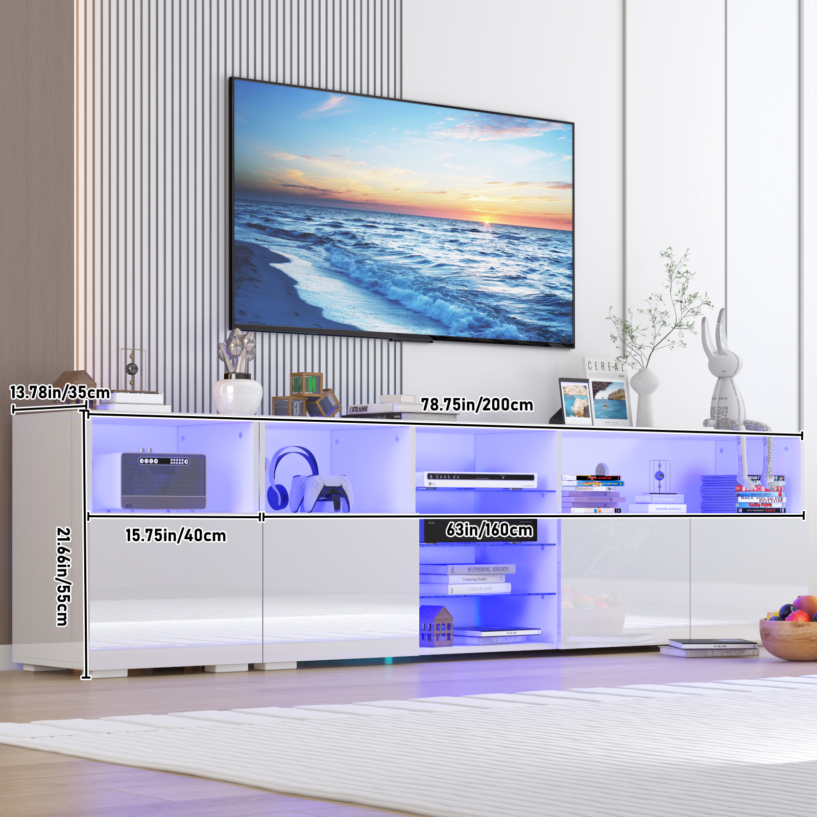 LED TV Stand for 80/85inch, High Glassy Modern TV Console Entertainment Center with LED Lights and Cabinets for Living Room, Bedroom