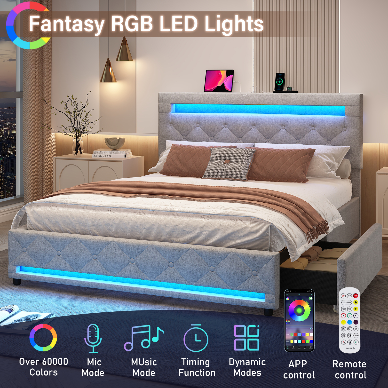 LED Bed Frame Full Size with 4 Storage Drawers + 2 USB Ports and Outlets, Adjustable Upholstered Headboard, Solid Wooden Slat Support, No Box Spring Needed(Dark Grey-Full)