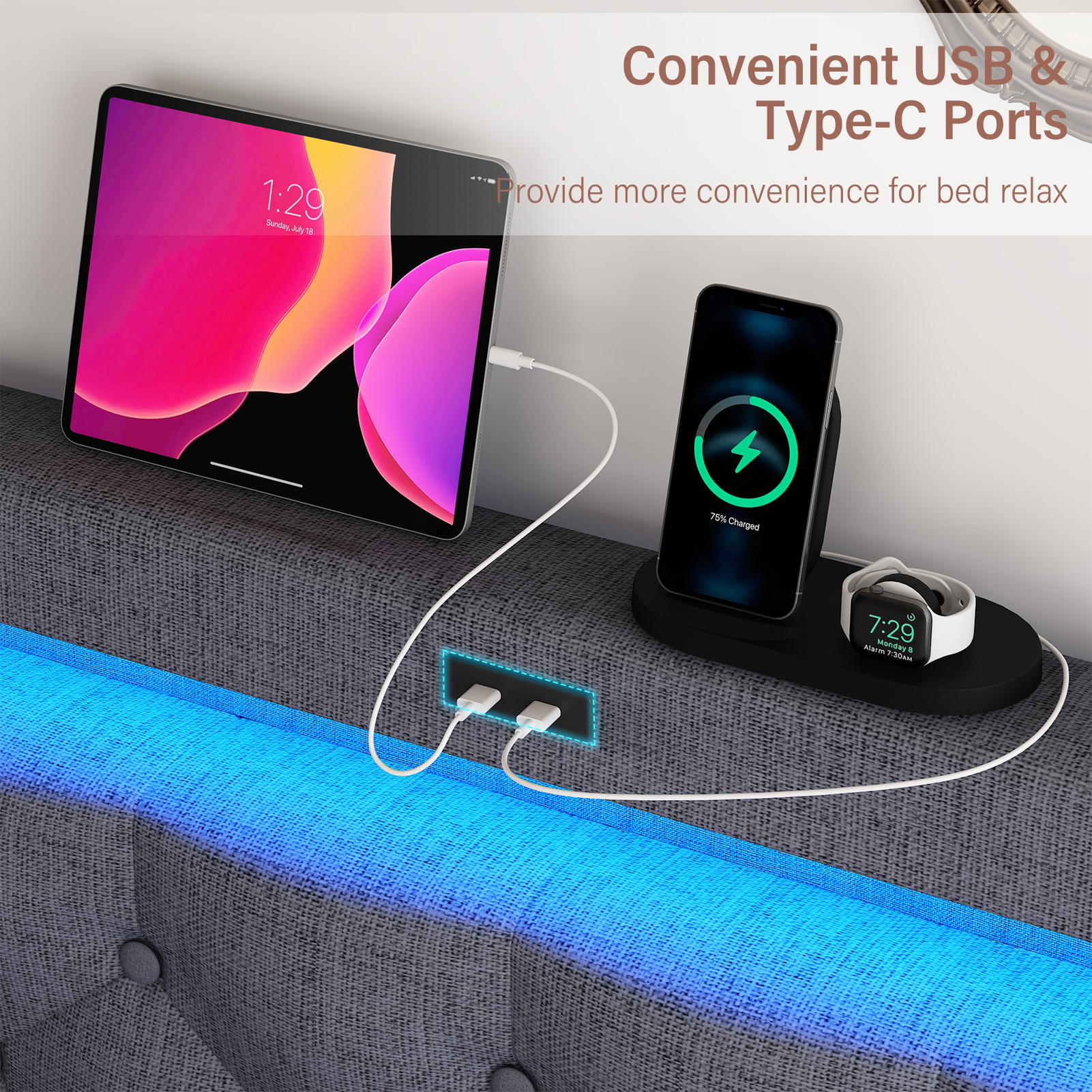 King Size Bed Frame with 4 Storage Drawers and 2 USB Ports, Platform Bed with LED Light, Modern Upholstered Headboard, No Box Spring Needed