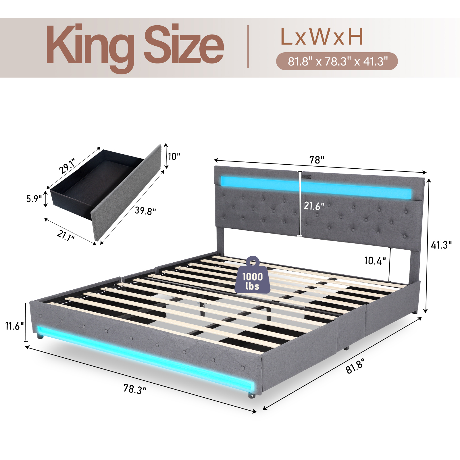 King Size Bed Frame with 4 Storage Drawers and 2 USB Ports, Platform Bed with LED Light, Modern Upholstered Headboard, No Box Spring Needed
