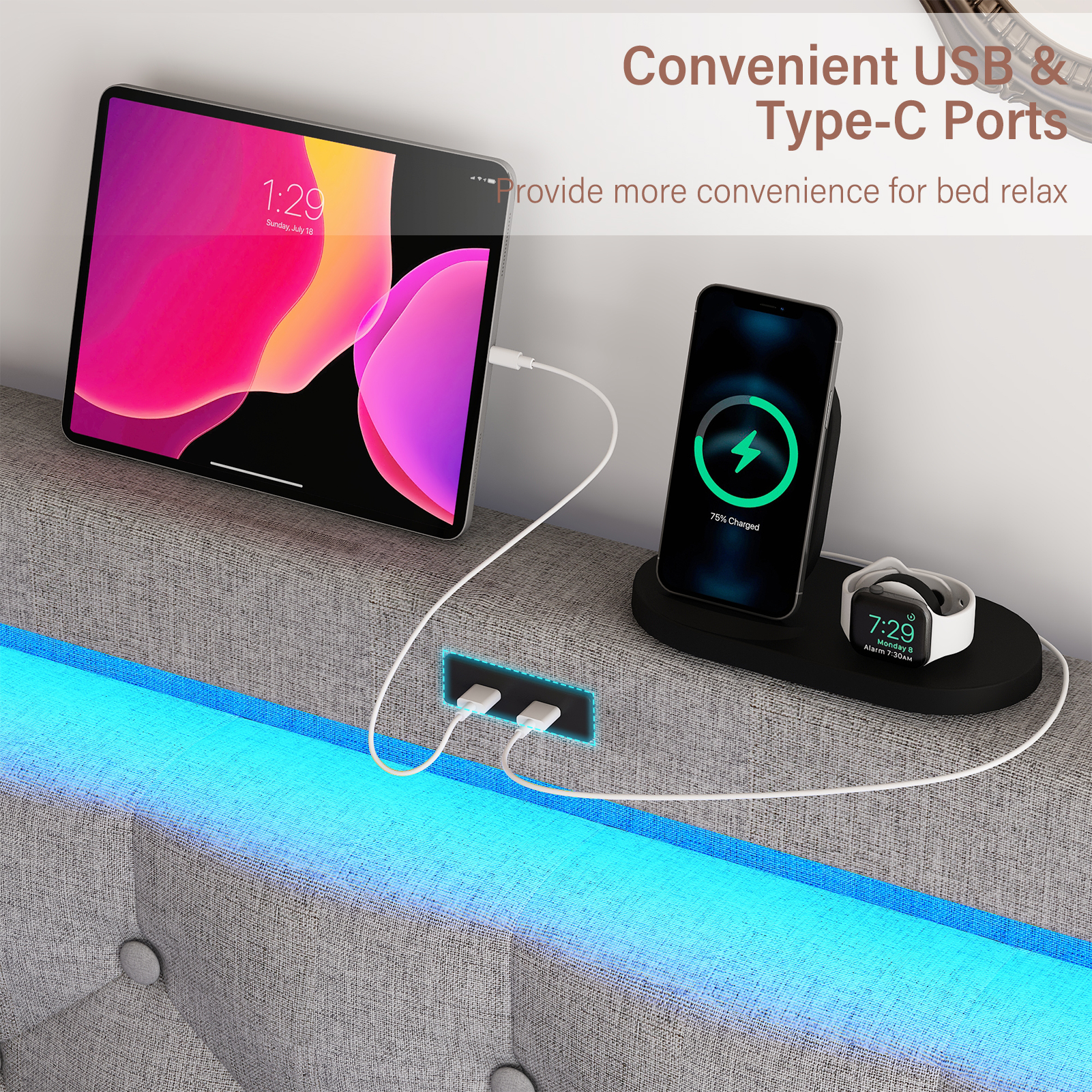 King Size Bed Frame with 4 Storage Drawers and 2 USB Ports, Platform Bed with LED Light, Modern Upholstered Headboard, No Box Spring Needed