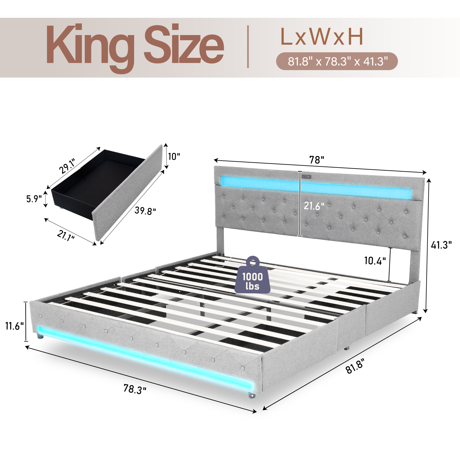 King Size Bed Frame with 4 Storage Drawers and 2 USB Ports, Platform Bed with LED Light, Modern Upholstered Headboard, No Box Spring Needed