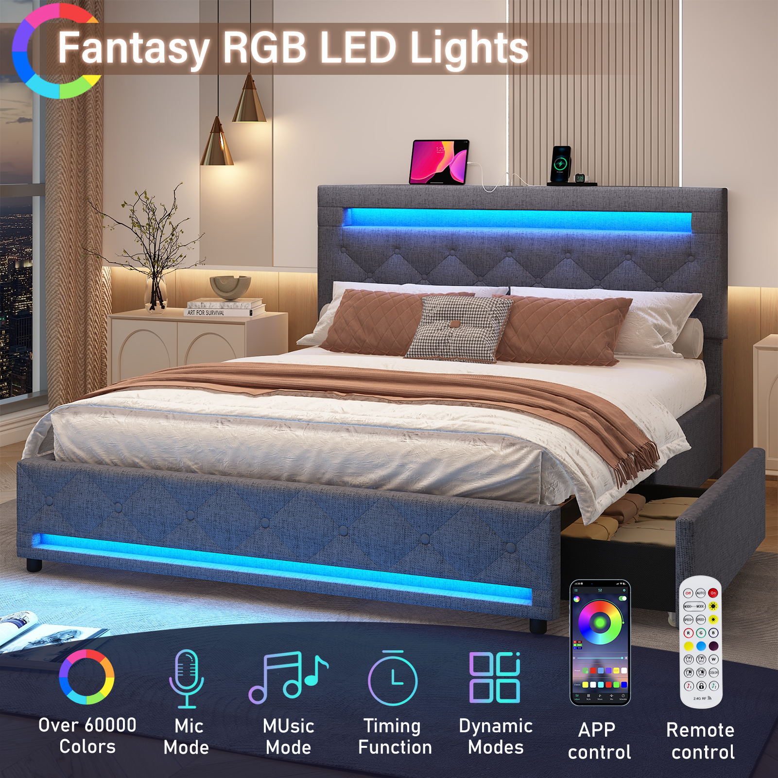 LED Bed Frame Full Size with 4 Storage Drawers + 2 USB Ports and Outlets, Adjustable Upholstered Headboard, Solid Wooden Slat Support, No Box Spring Needed(Dark Grey-Full)