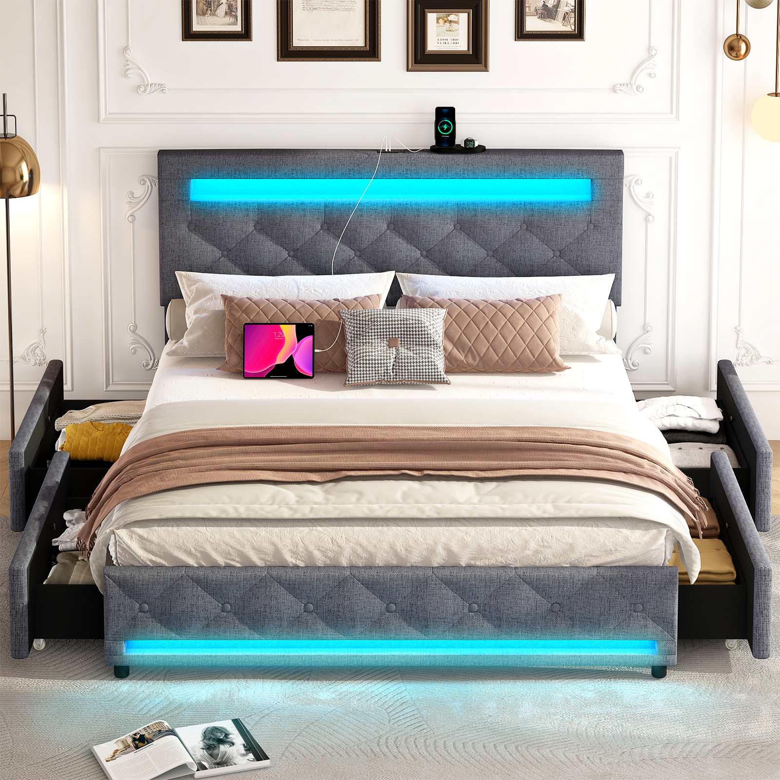 LED Bed Frame Full Size with 4 Storage Drawers + 2 USB Ports and Outlets, Adjustable Upholstered Headboard, Solid Wooden Slat Support, No Box Spring Needed(Dark Grey-Full)