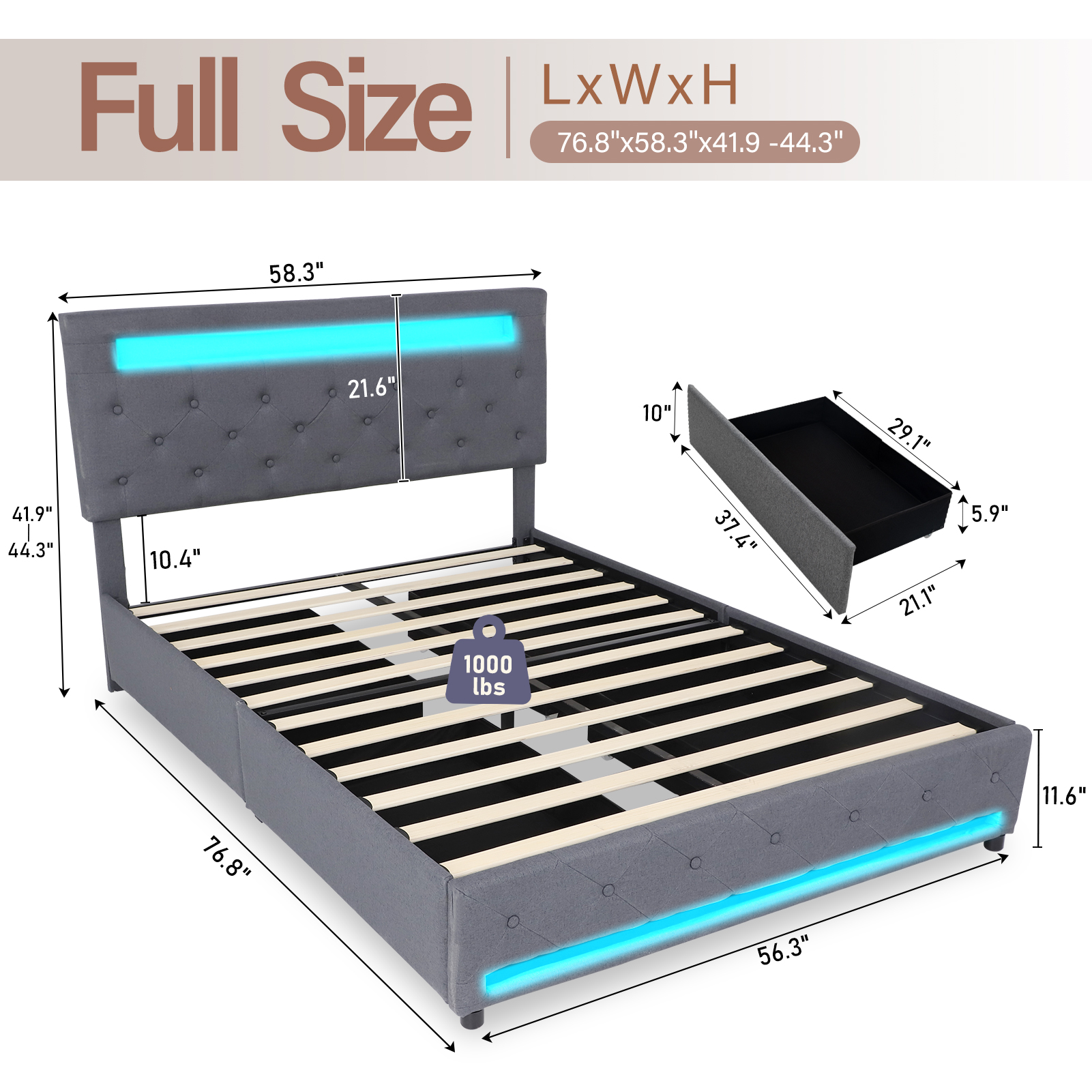 LED Bed Frame Full Size with 4 Storage Drawers + 2 USB Ports and Outlets, Adjustable Upholstered Headboard, Solid Wooden Slat Support, No Box Spring Needed(Dark Grey-Full)