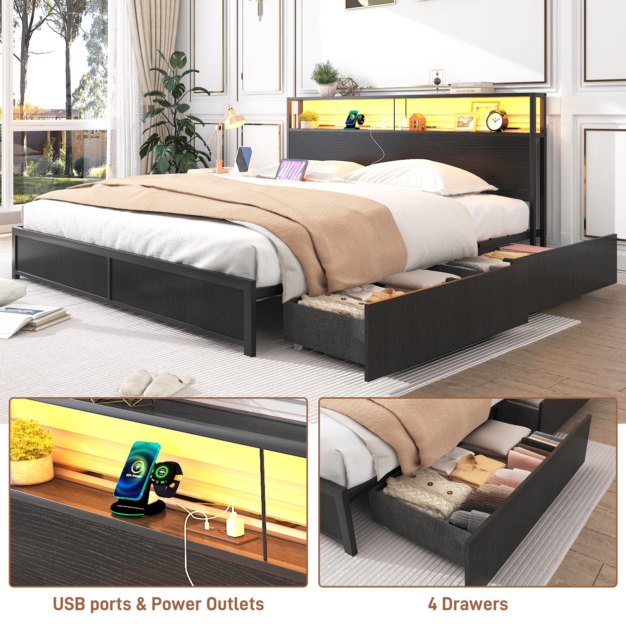 King Bed Frame with LED Lights Headboard and 4 Drawers, Platform Metal Bed Frame with Power Charging Station and USB Ports, No Box Spring Needed, Noise-Free