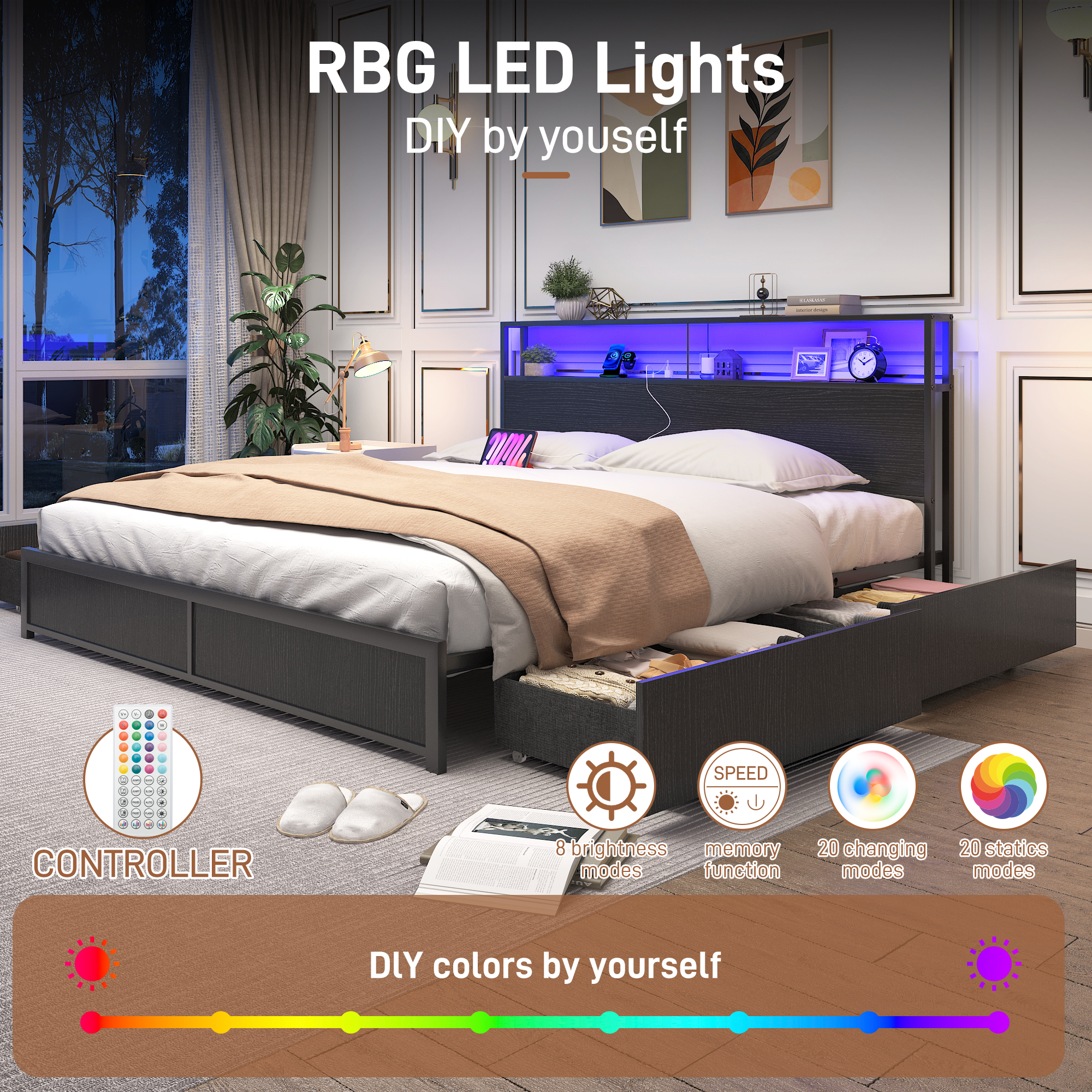 King Bed Frame with LED Lights Headboard and 4 Drawers, Platform Metal Bed Frame with Power Charging Station and USB Ports, No Box Spring Needed, Noise-Free