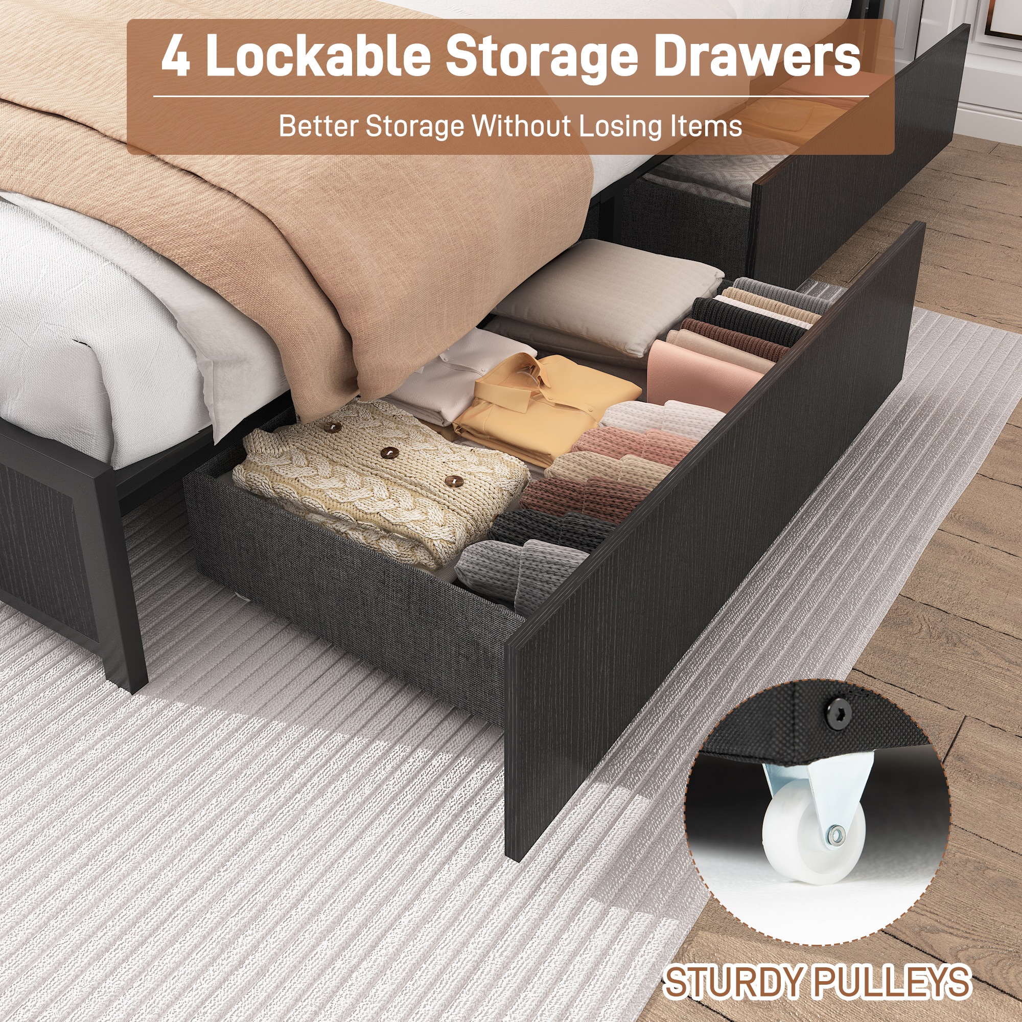 King Bed Frame with LED Lights Headboard and 4 Drawers, Platform Metal Bed Frame with Power Charging Station and USB Ports, No Box Spring Needed, Noise-Free