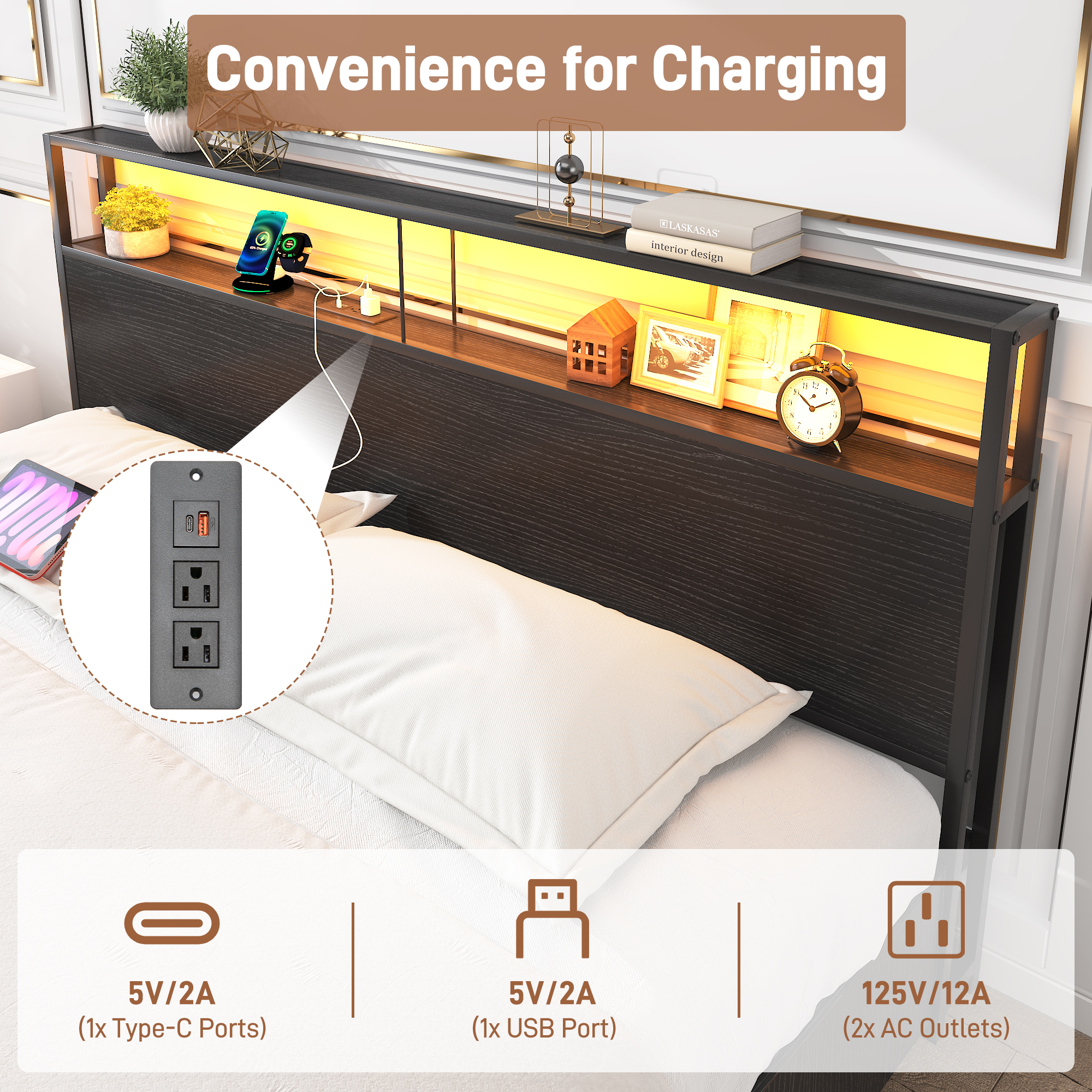 King Bed Frame with LED Lights Headboard and 4 Drawers, Platform Metal Bed Frame with Power Charging Station and USB Ports, No Box Spring Needed, Noise-Free