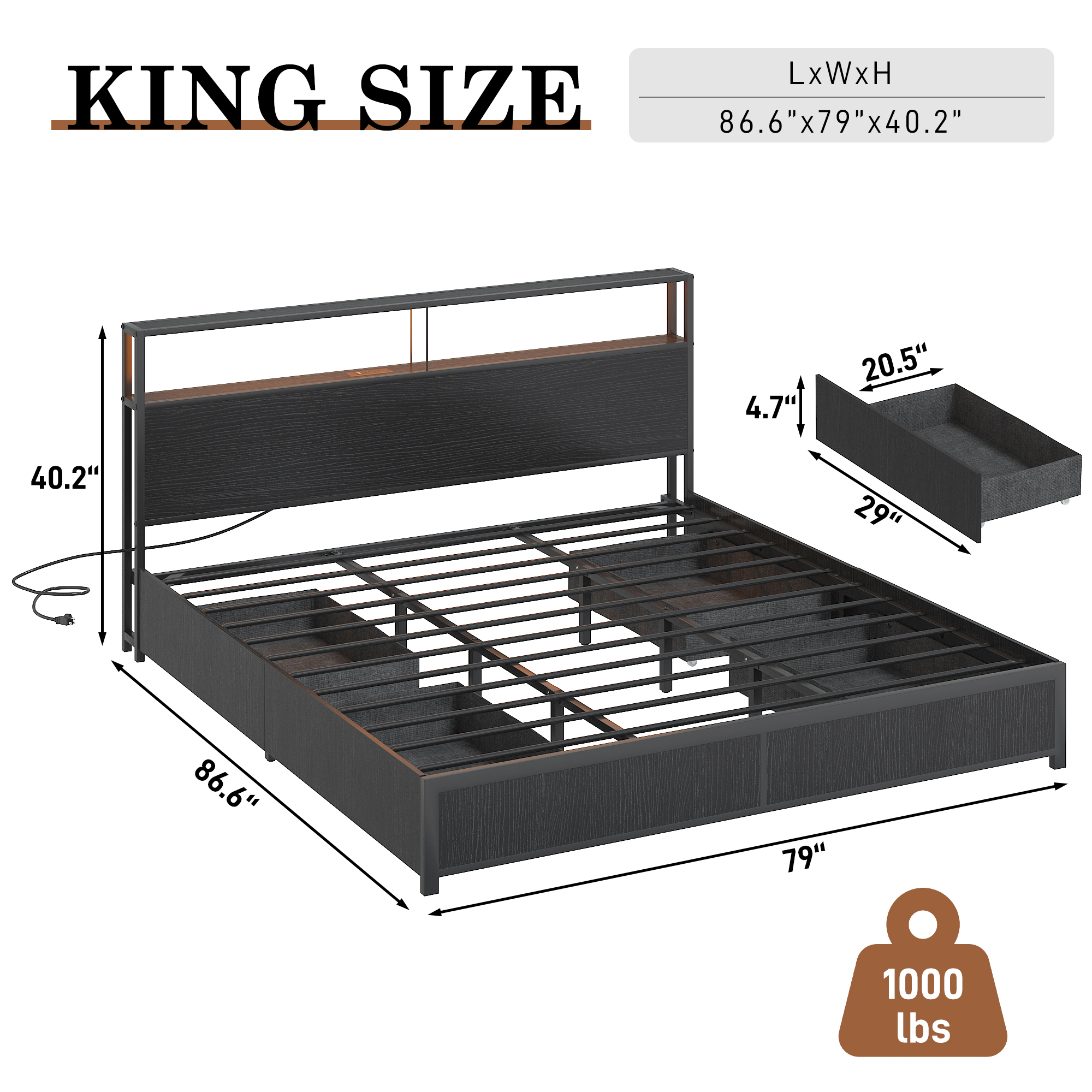 King Bed Frame with LED Lights Headboard and 4 Drawers, Platform Metal Bed Frame with Power Charging Station and USB Ports, No Box Spring Needed, Noise-Free
