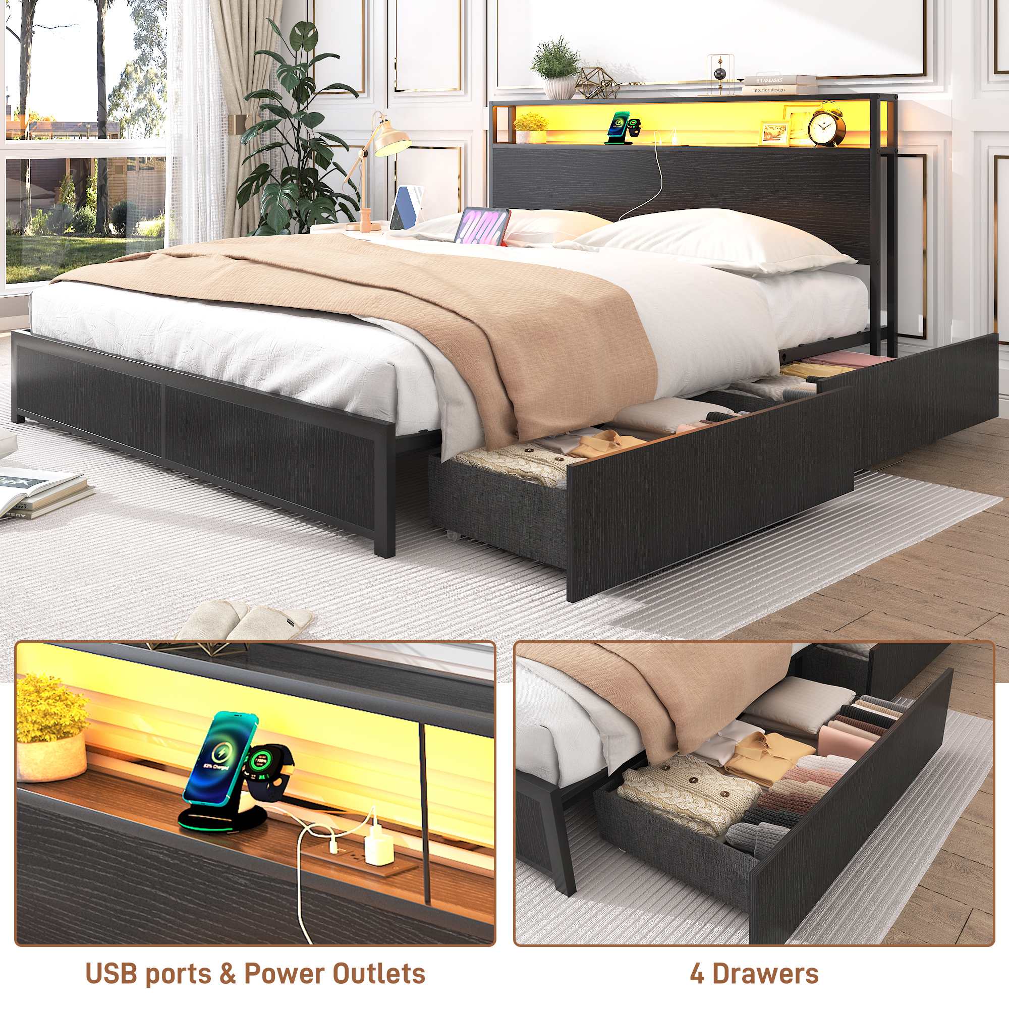 King Bed Frame with LED Lights Headboard and 4 Drawers, Platform Metal Bed Frame with Power Charging Station and USB Ports, No Box Spring Needed, Noise-Free