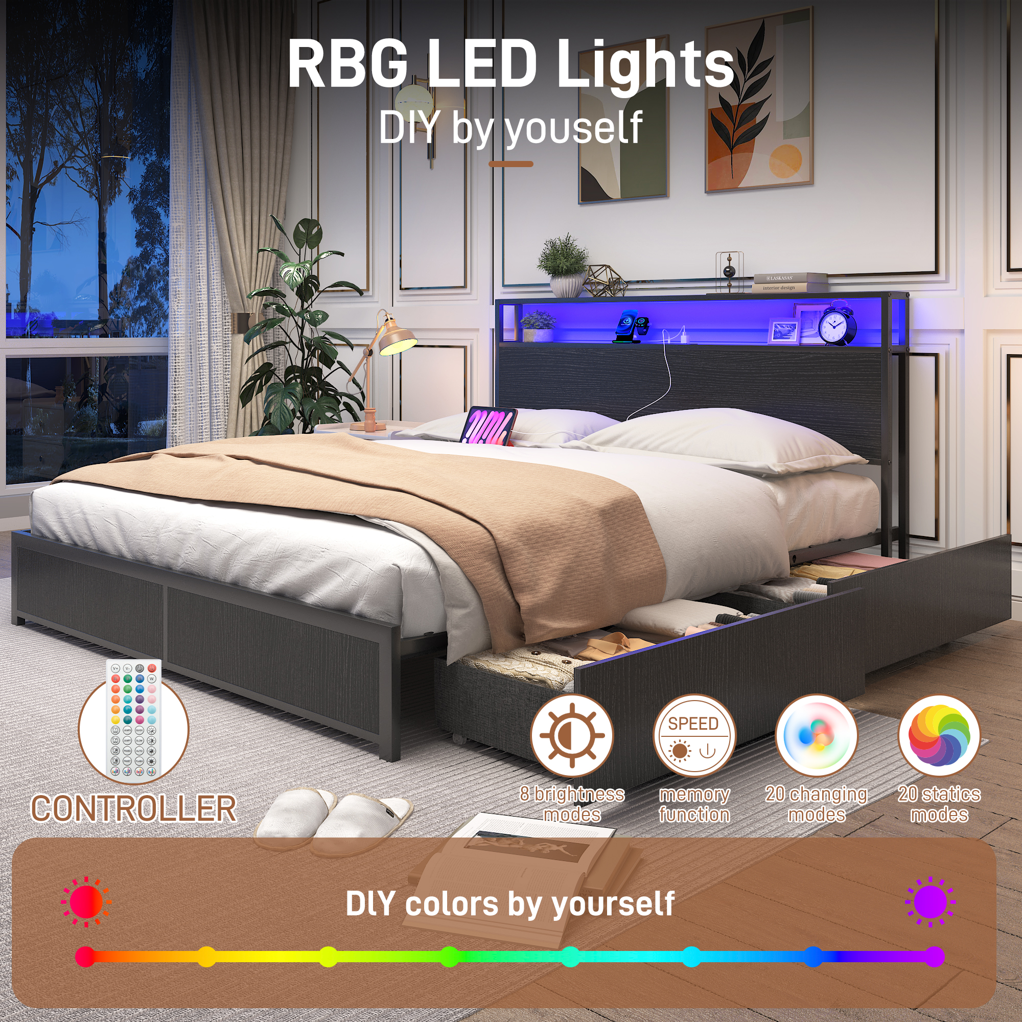 King Bed Frame with LED Lights Headboard and 4 Drawers, Platform Metal Bed Frame with Power Charging Station and USB Ports, No Box Spring Needed, Noise-Free