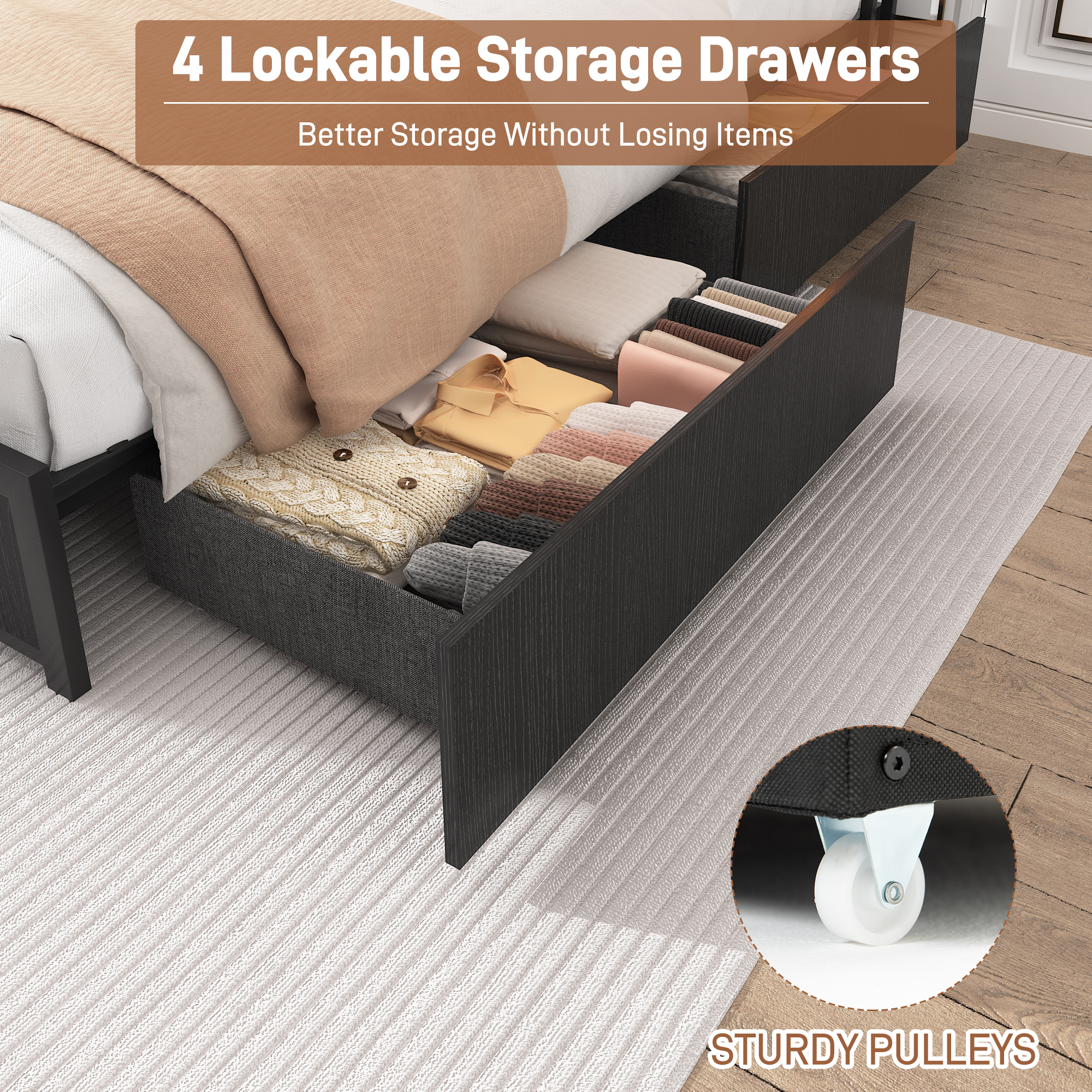 King Bed Frame with LED Lights Headboard and 4 Drawers, Platform Metal Bed Frame with Power Charging Station and USB Ports, No Box Spring Needed, Noise-Free