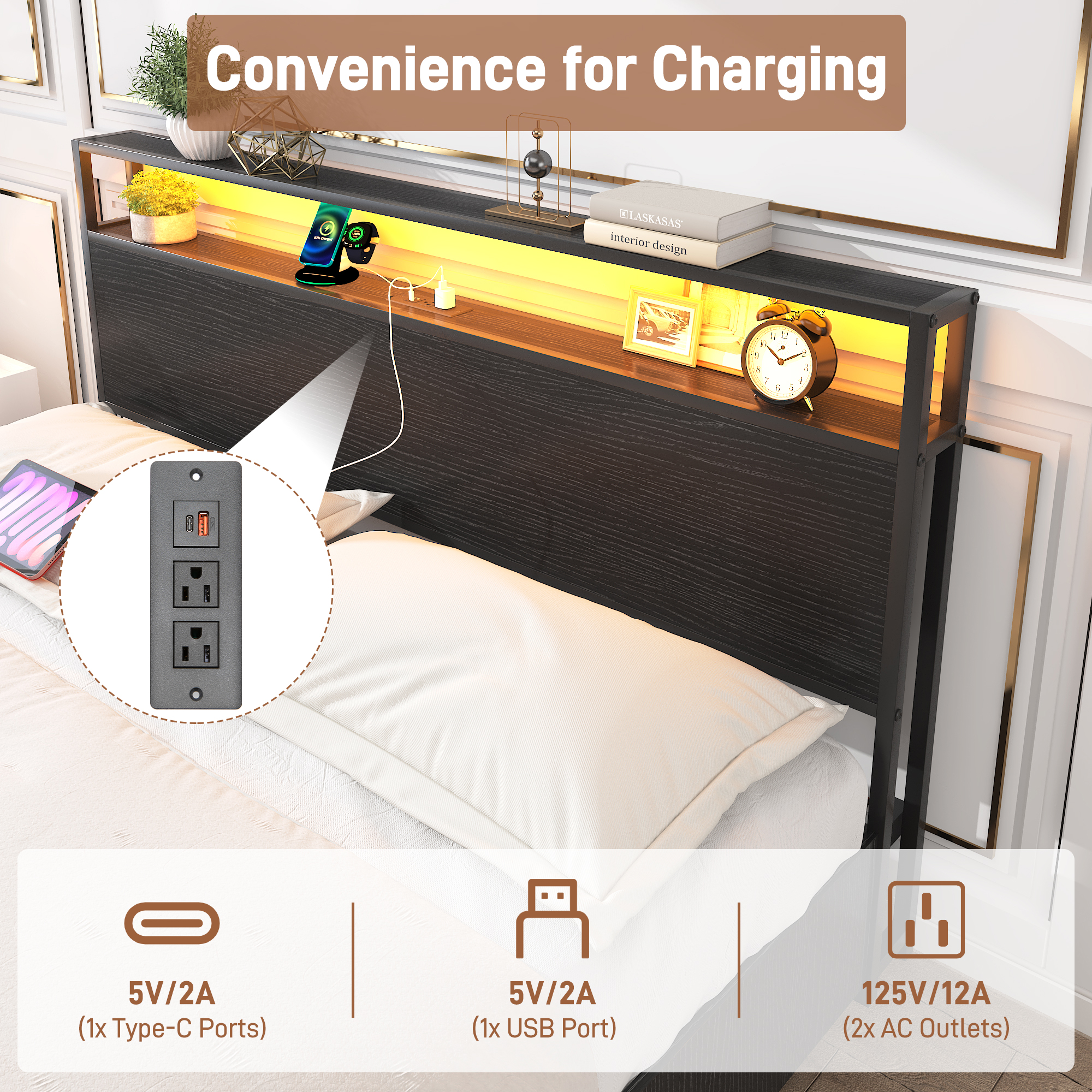 King Bed Frame with LED Lights Headboard and 4 Drawers, Platform Metal Bed Frame with Power Charging Station and USB Ports, No Box Spring Needed, Noise-Free