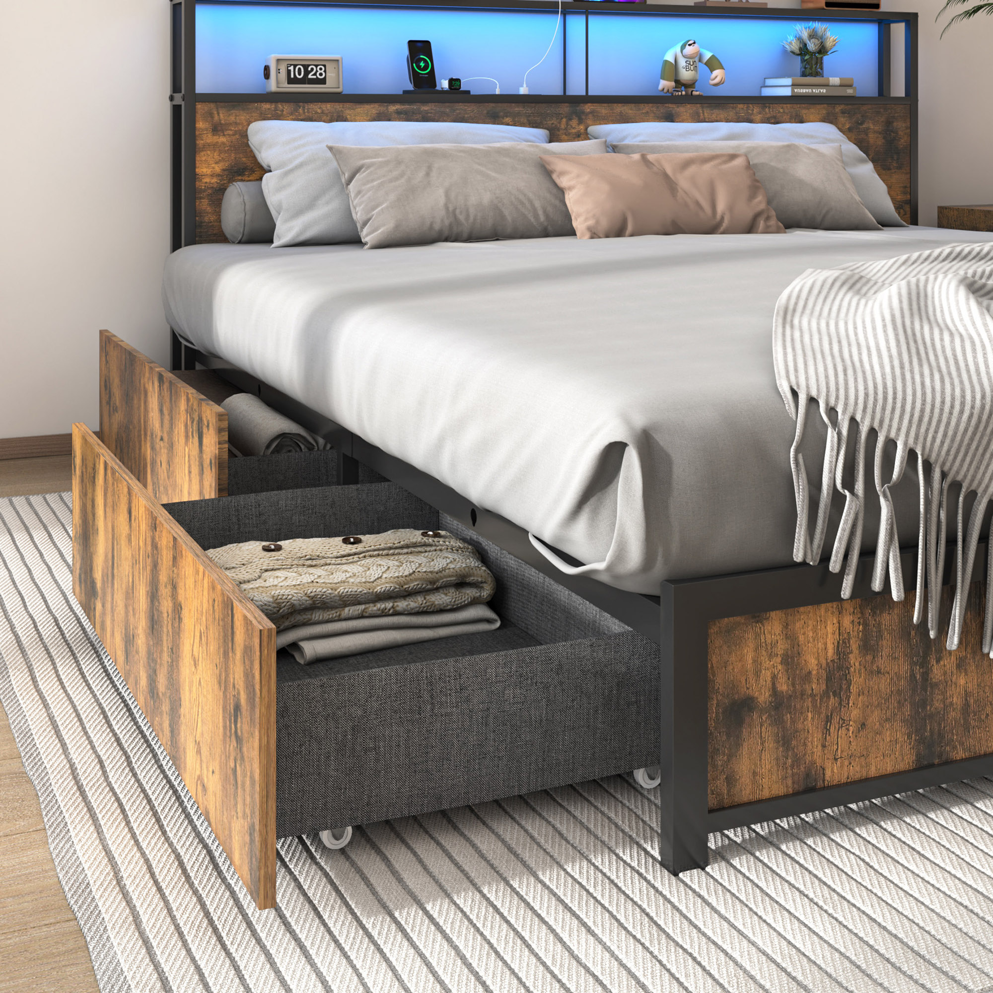 LED Bed Frame with Outlets USB Ports, Metal Platform Bed with Storage Headboard & 4 Large Drawers, No Box Spring Needed