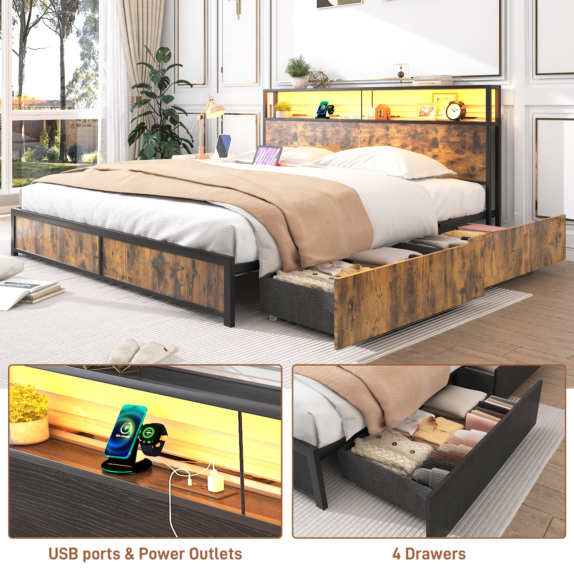 King Bed Frame with LED Lights Headboard and 4 Drawers, Platform Metal Bed Frame with Power Charging Station and USB Ports, No Box Spring Needed, Noise-Free
