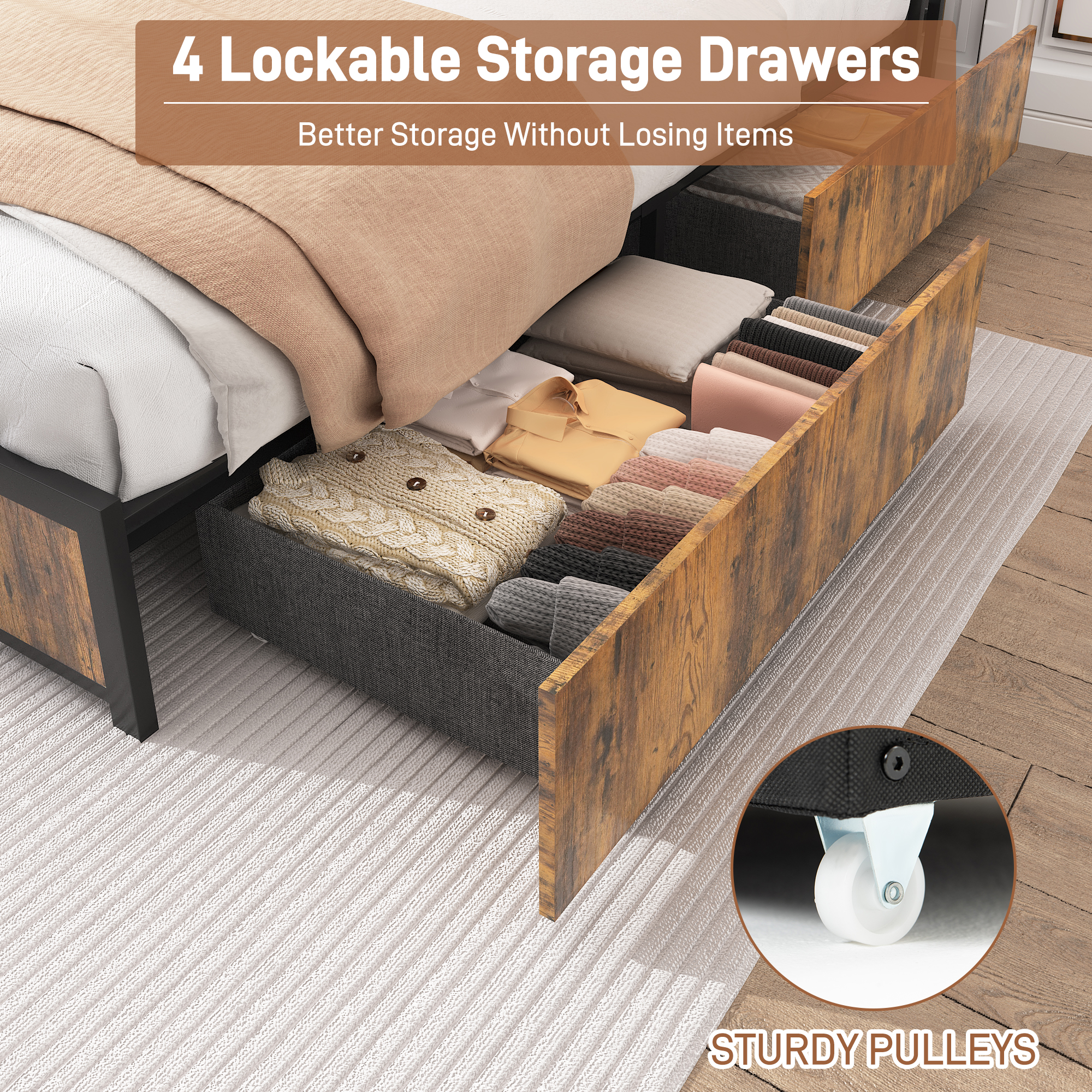 King Bed Frame with LED Lights Headboard and 4 Drawers, Platform Metal Bed Frame with Power Charging Station and USB Ports, No Box Spring Needed, Noise-Free