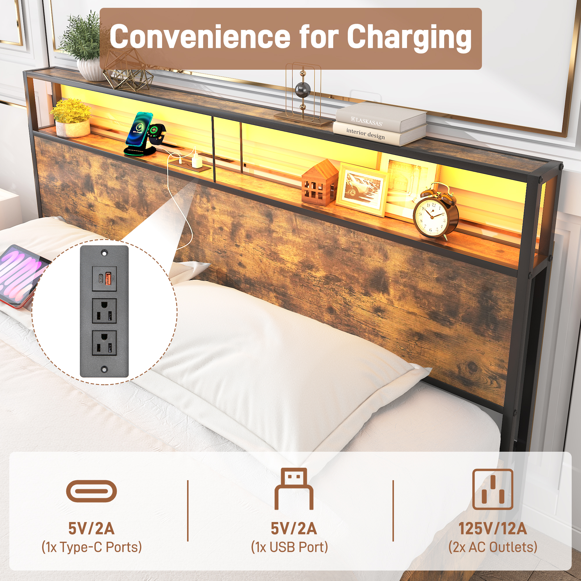 King Bed Frame with LED Lights Headboard and 4 Drawers, Platform Metal Bed Frame with Power Charging Station and USB Ports, No Box Spring Needed, Noise-Free