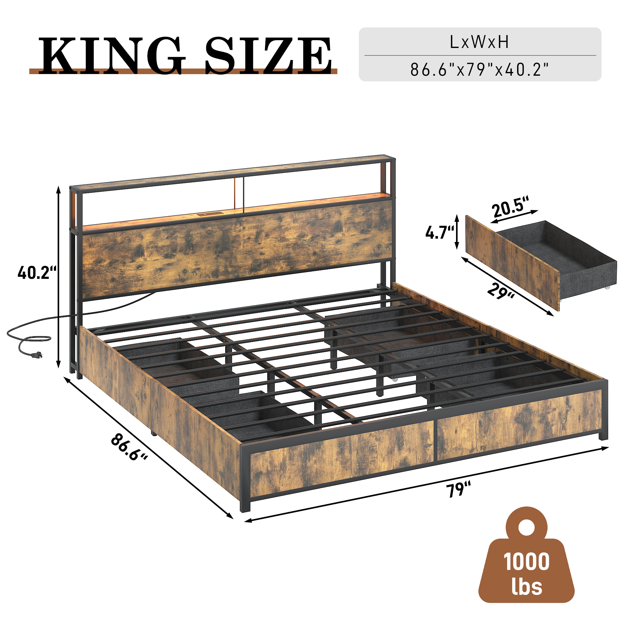 King Bed Frame with LED Lights Headboard and 4 Drawers, Platform Metal Bed Frame with Power Charging Station and USB Ports, No Box Spring Needed, Noise-Free