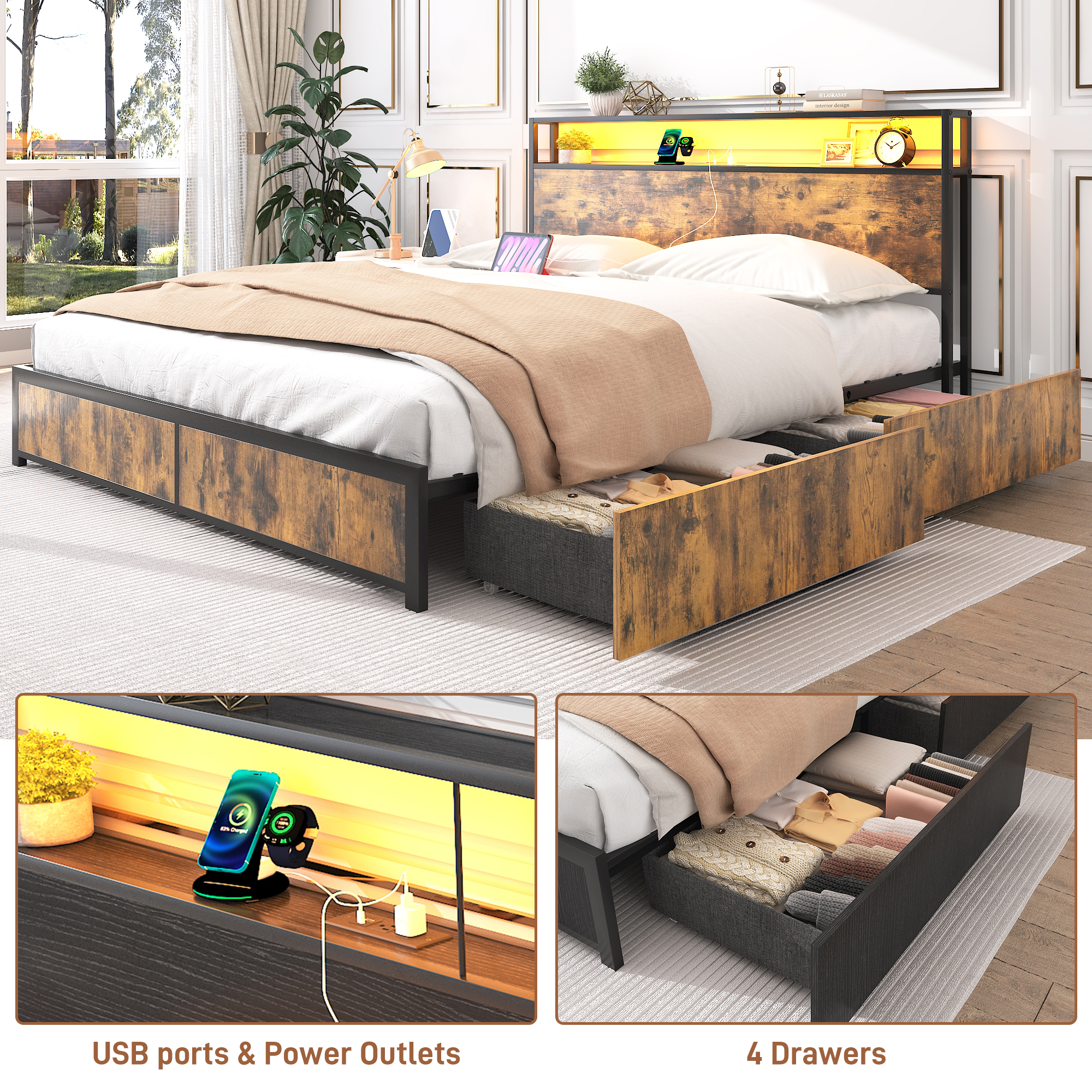 King Bed Frame with LED Lights Headboard and 4 Drawers, Platform Metal Bed Frame with Power Charging Station and USB Ports, No Box Spring Needed, Noise-Free