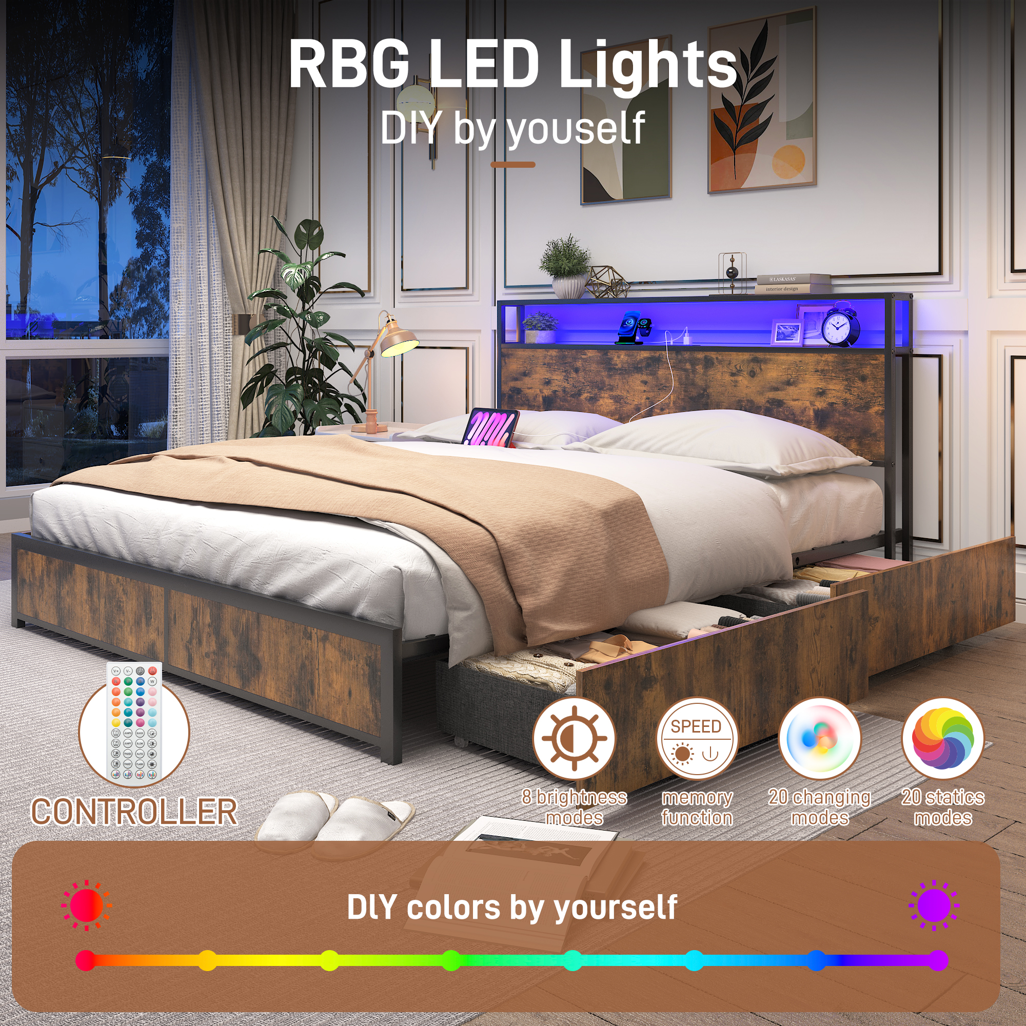 King Bed Frame with LED Lights Headboard and 4 Drawers, Platform Metal Bed Frame with Power Charging Station and USB Ports, No Box Spring Needed, Noise-Free