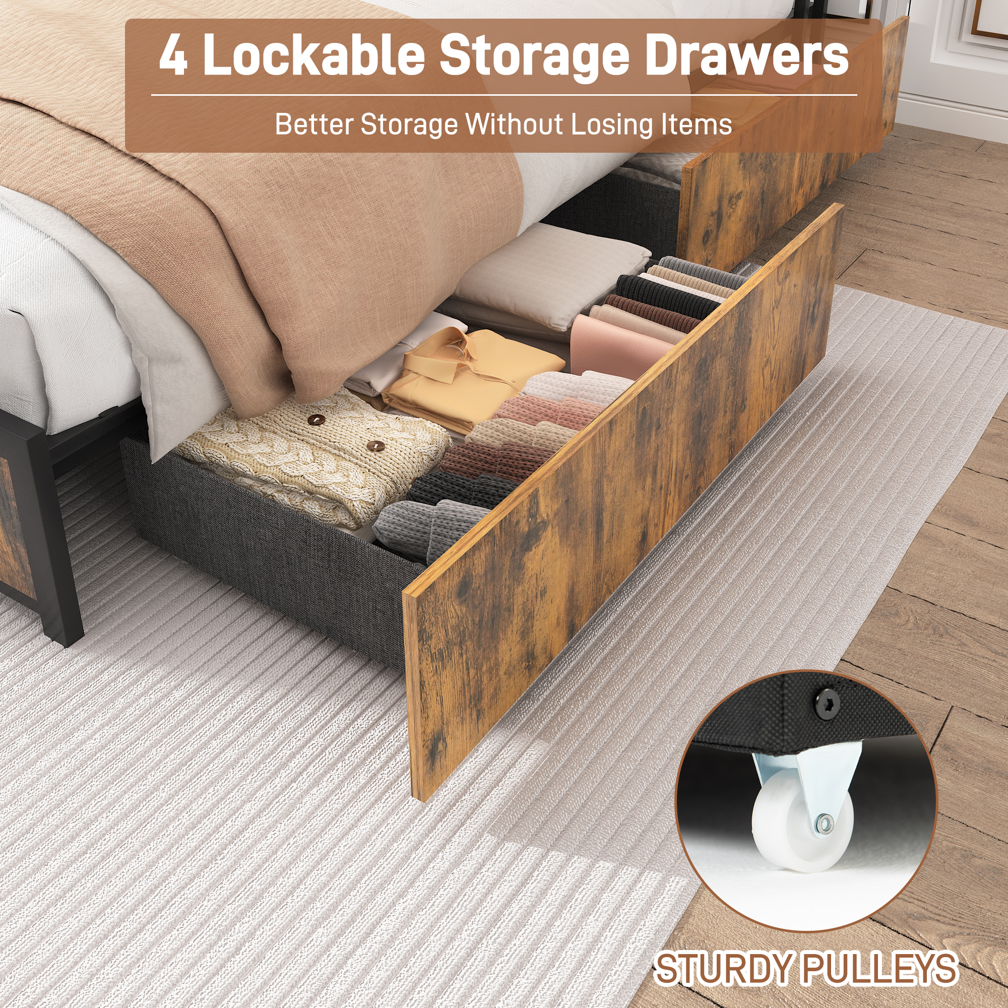 King Bed Frame with LED Lights Headboard and 4 Drawers, Platform Metal Bed Frame with Power Charging Station and USB Ports, No Box Spring Needed, Noise-Free