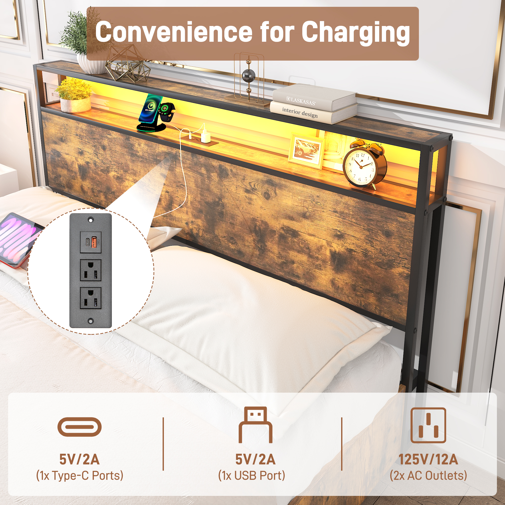 King Bed Frame with LED Lights Headboard and 4 Drawers, Platform Metal Bed Frame with Power Charging Station and USB Ports, No Box Spring Needed, Noise-Free