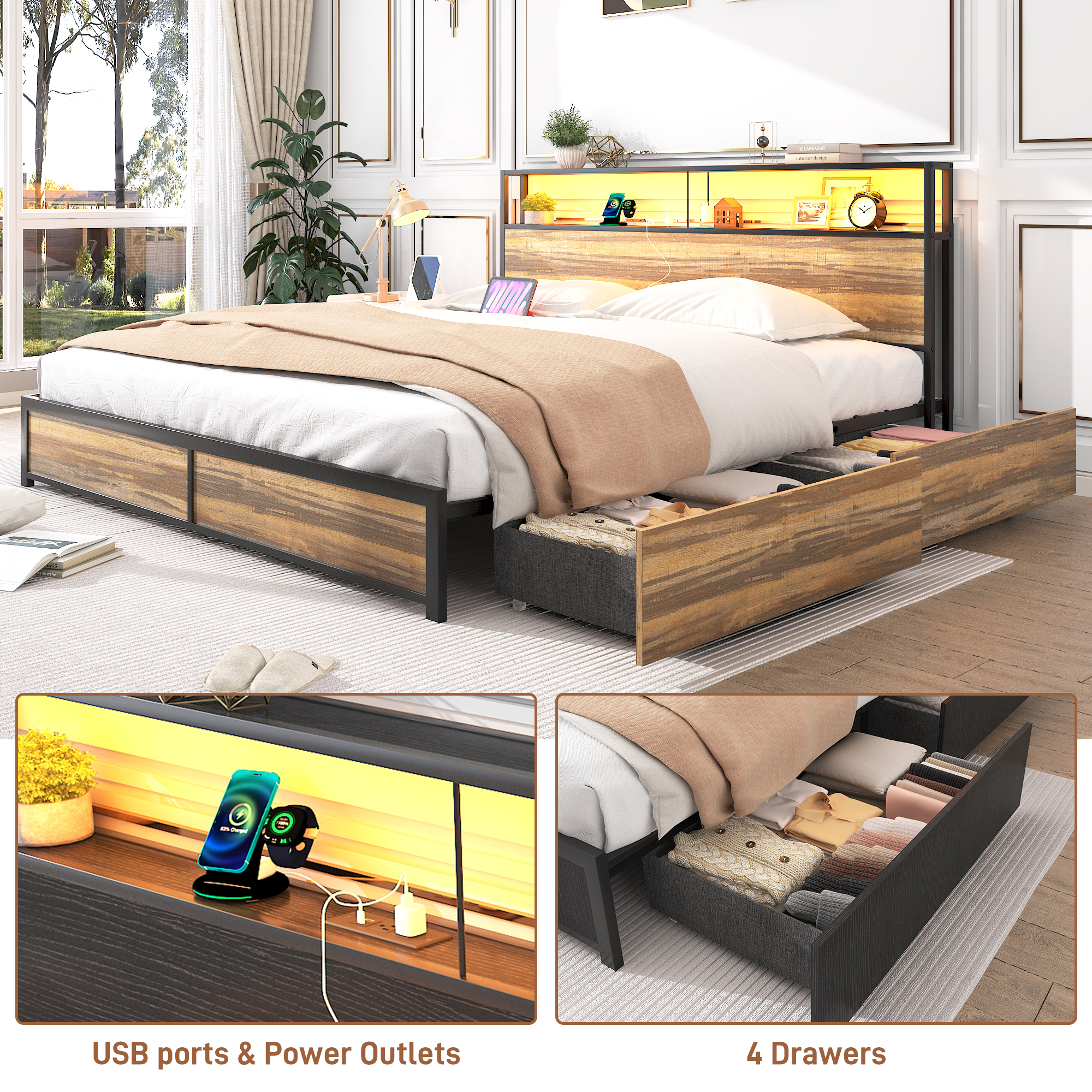 King Bed Frame with LED Lights Headboard and 4 Drawers, Platform Metal Bed Frame with Power Charging Station and USB Ports, No Box Spring Needed, Noise-Free