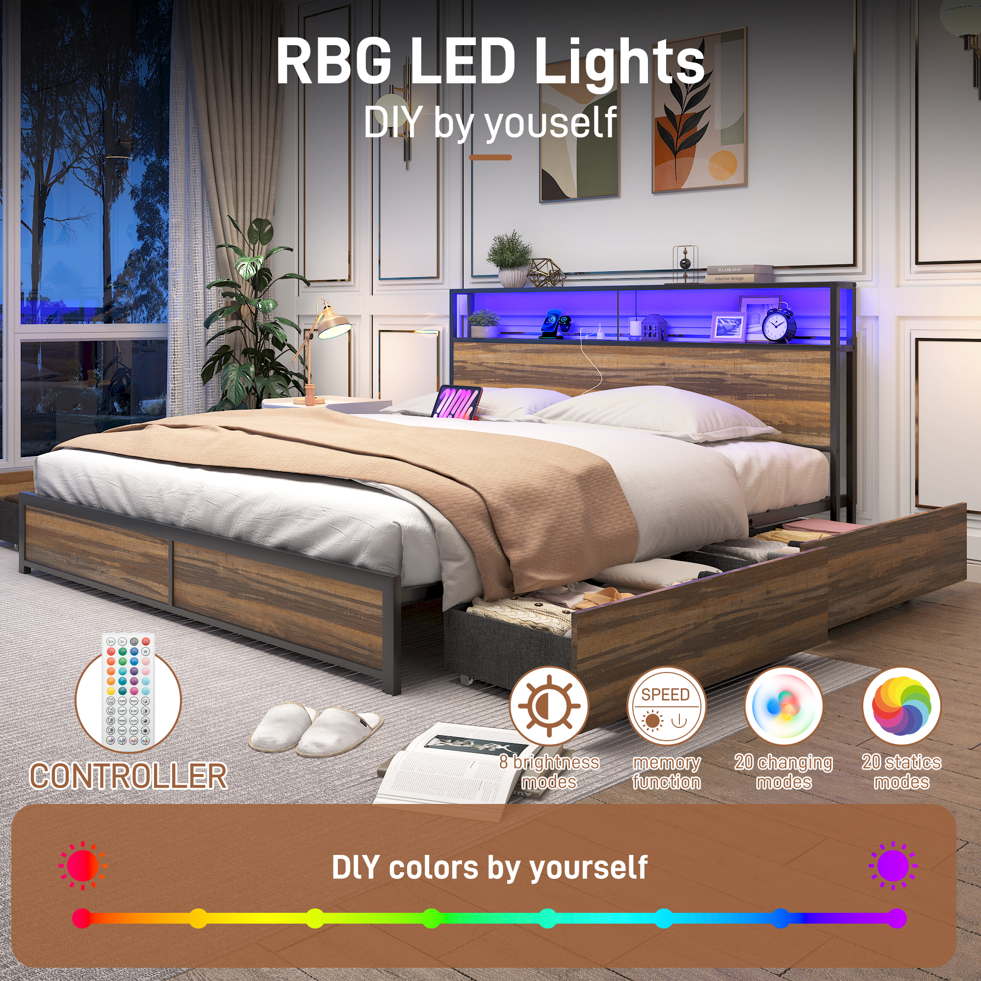 King Bed Frame with LED Lights Headboard and 4 Drawers, Platform Metal Bed Frame with Power Charging Station and USB Ports, No Box Spring Needed, Noise-Free