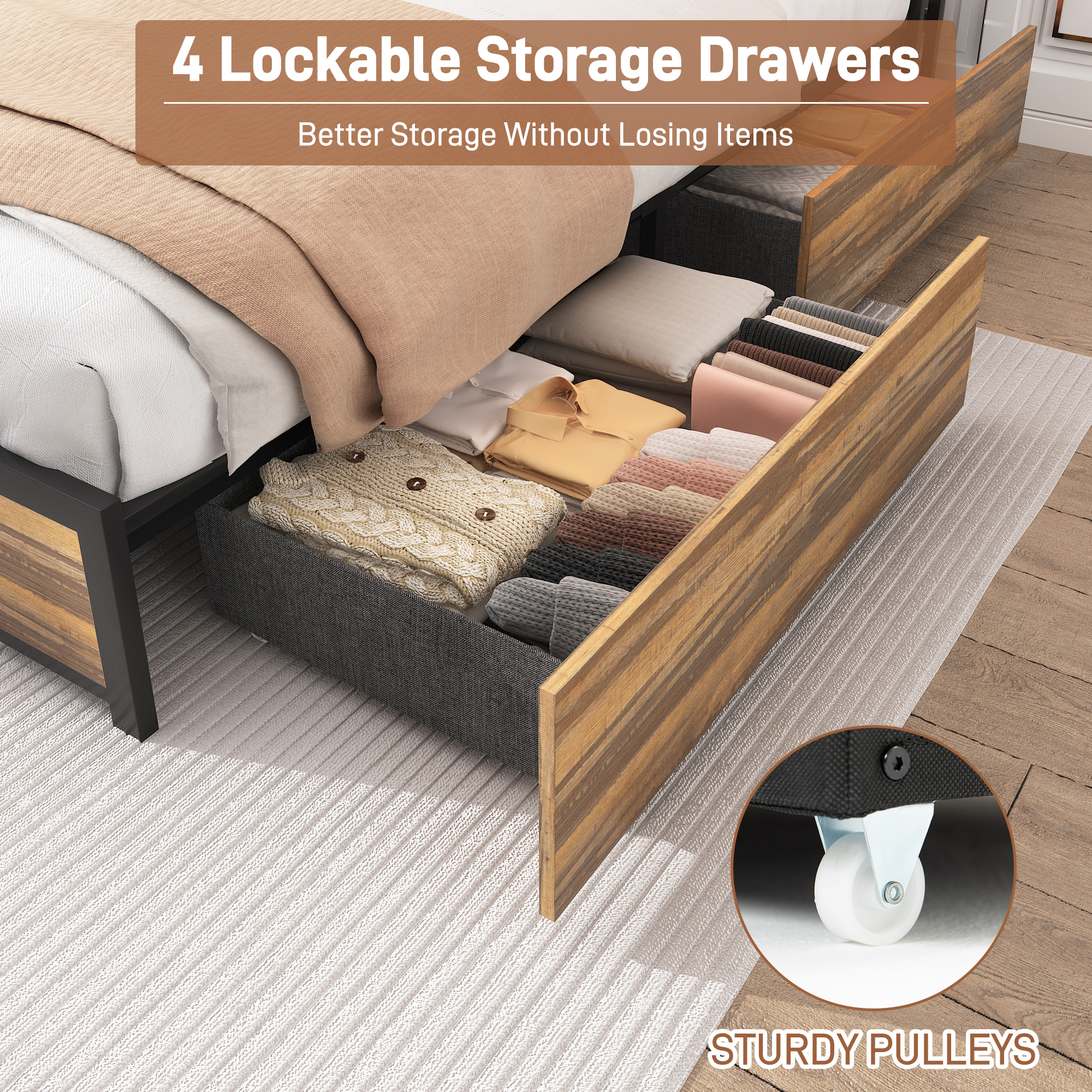 King Bed Frame with LED Lights Headboard and 4 Drawers, Platform Metal Bed Frame with Power Charging Station and USB Ports, No Box Spring Needed, Noise-Free