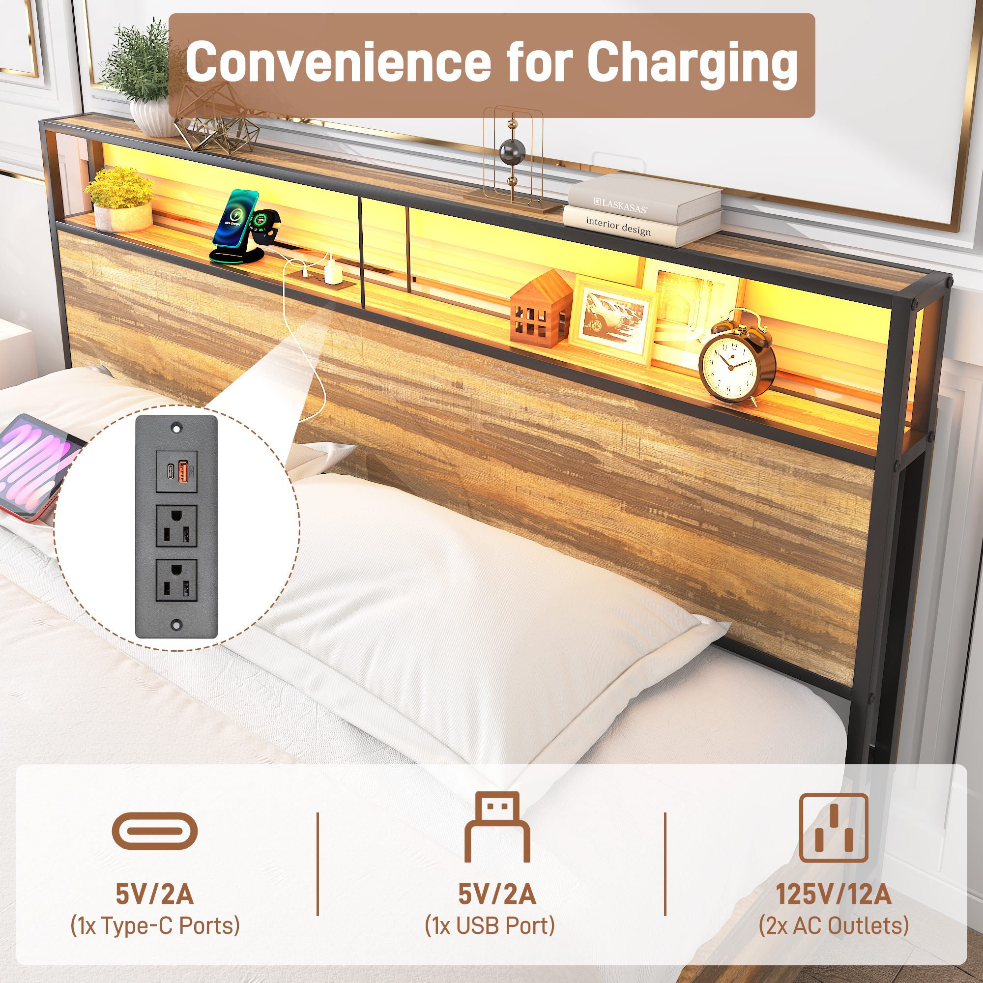 King Bed Frame with LED Lights Headboard and 4 Drawers, Platform Metal Bed Frame with Power Charging Station and USB Ports, No Box Spring Needed, Noise-Free