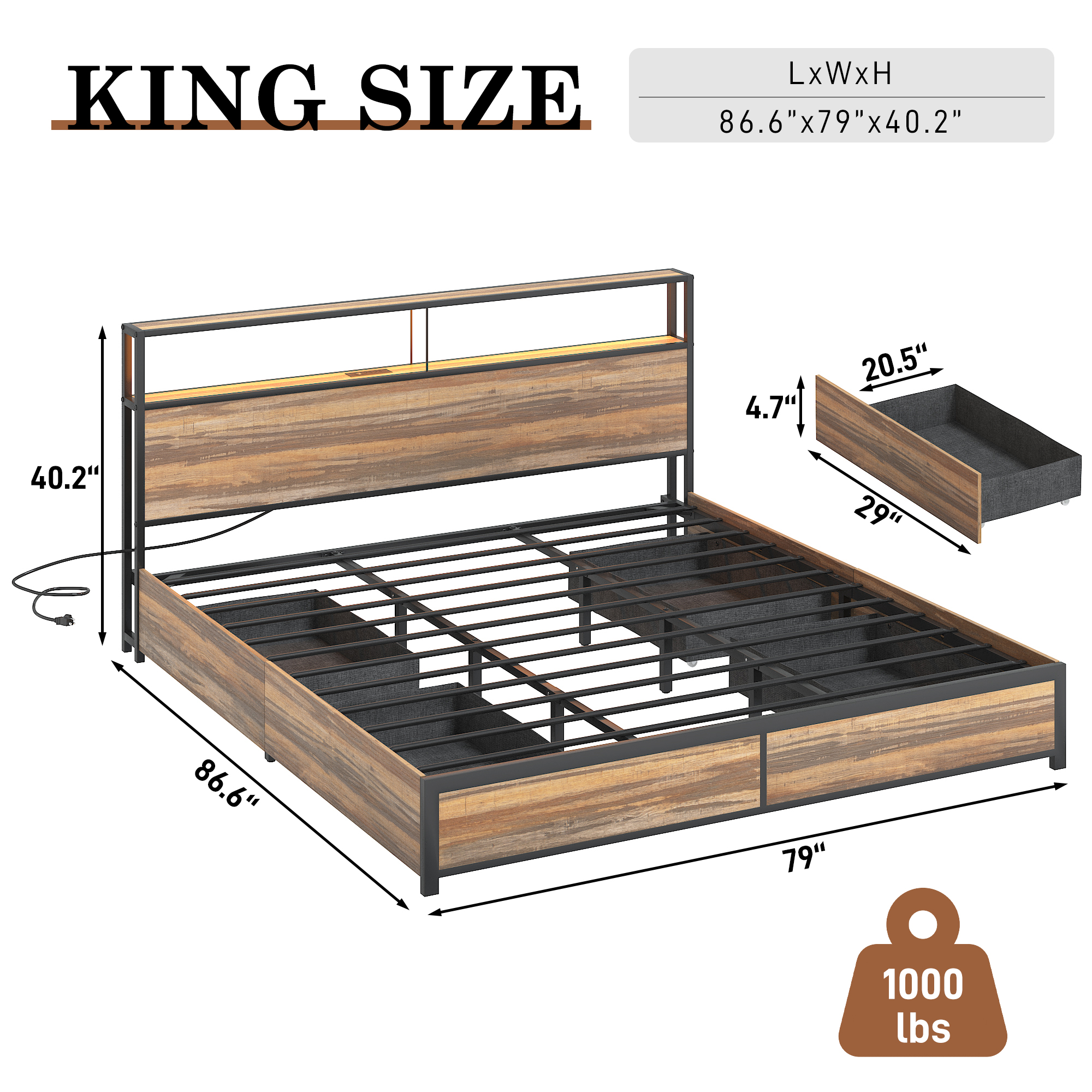 King Bed Frame with LED Lights Headboard and 4 Drawers, Platform Metal Bed Frame with Power Charging Station and USB Ports, No Box Spring Needed, Noise-Free