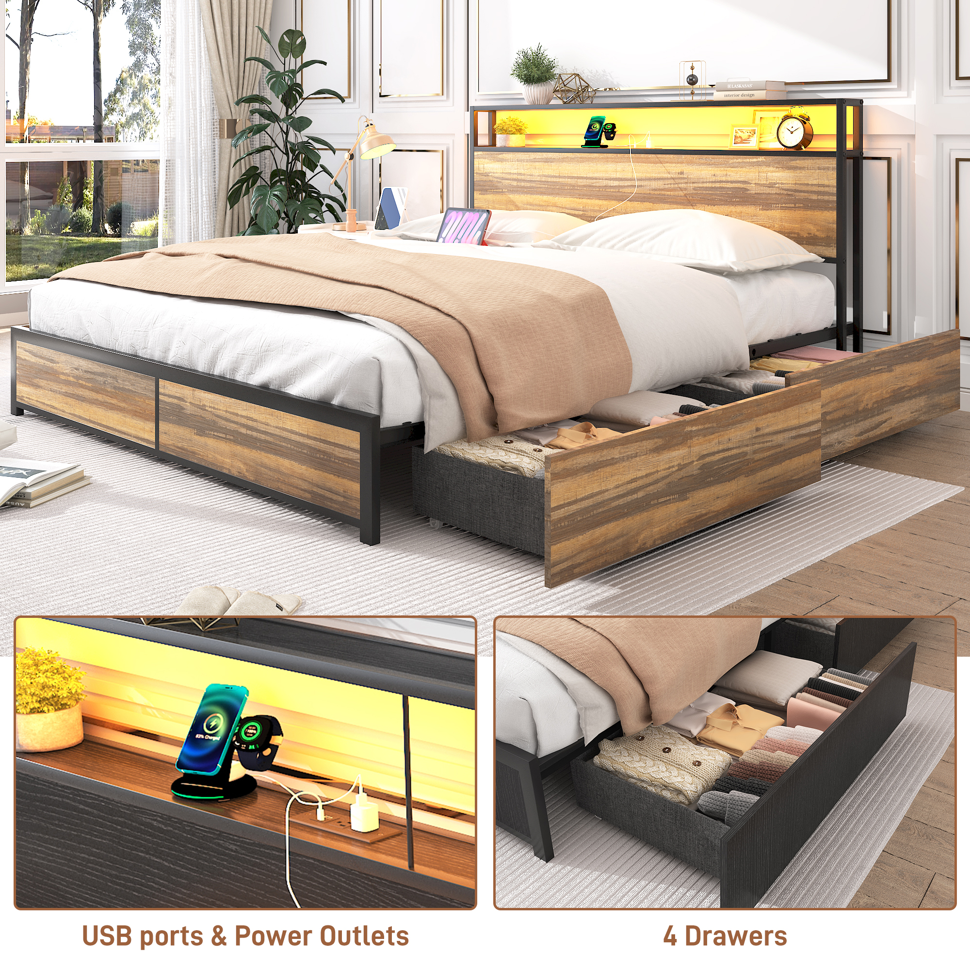 King Bed Frame with LED Lights Headboard and 4 Drawers, Platform Metal Bed Frame with Power Charging Station and USB Ports, No Box Spring Needed, Noise-Free