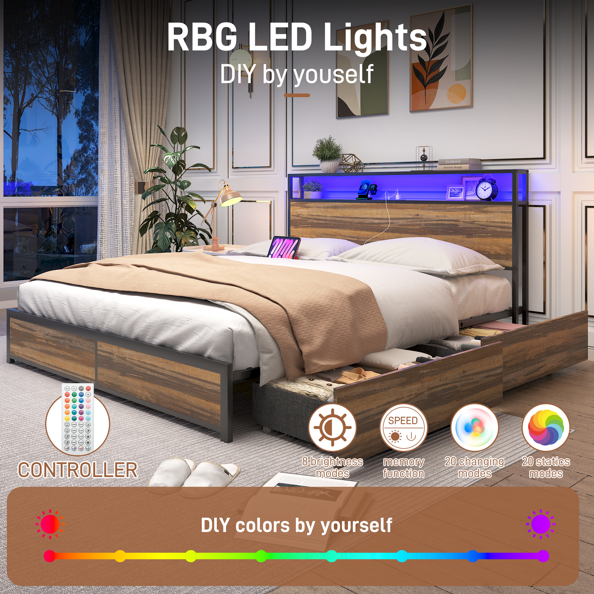 King Bed Frame with LED Lights Headboard and 4 Drawers, Platform Metal Bed Frame with Power Charging Station and USB Ports, No Box Spring Needed, Noise-Free