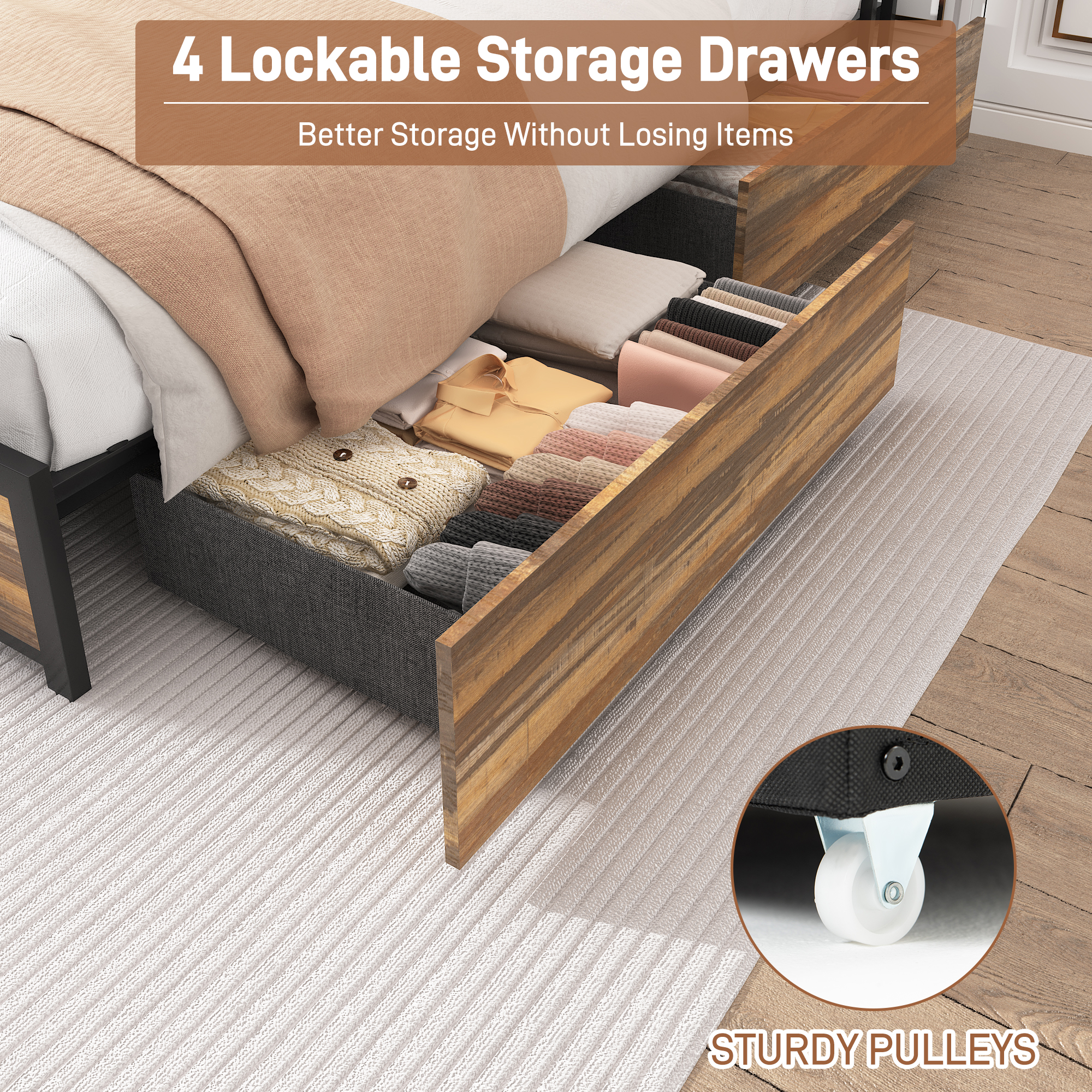 King Bed Frame with LED Lights Headboard and 4 Drawers, Platform Metal Bed Frame with Power Charging Station and USB Ports, No Box Spring Needed, Noise-Free