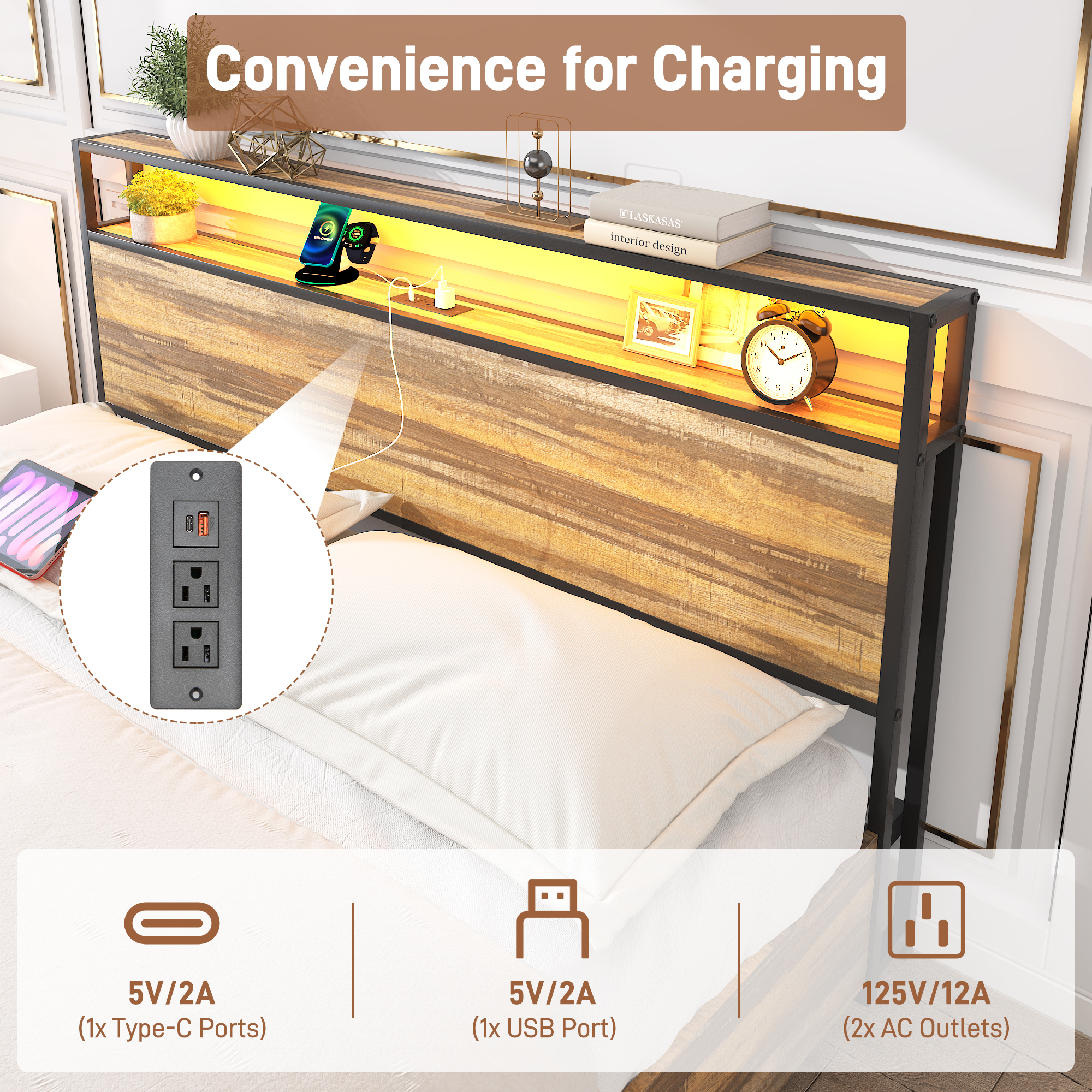 King Bed Frame with LED Lights Headboard and 4 Drawers, Platform Metal Bed Frame with Power Charging Station and USB Ports, No Box Spring Needed, Noise-Free