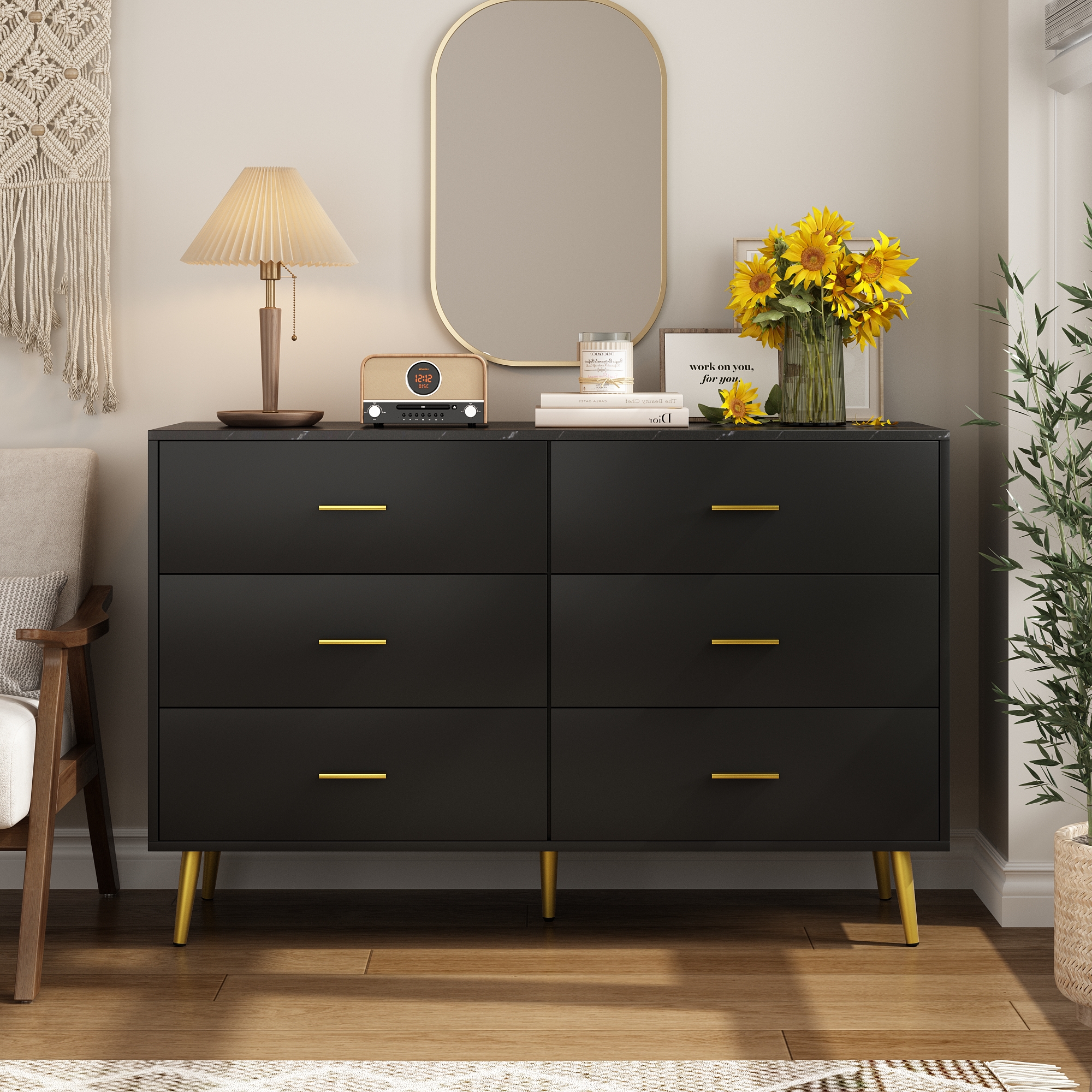 6 Drawer Dresser for Bedroom, Modern Wood Dresser with Wide Drawers and Metal Handles, Storage Chest of Drawers for Living Room Hallway Entryway