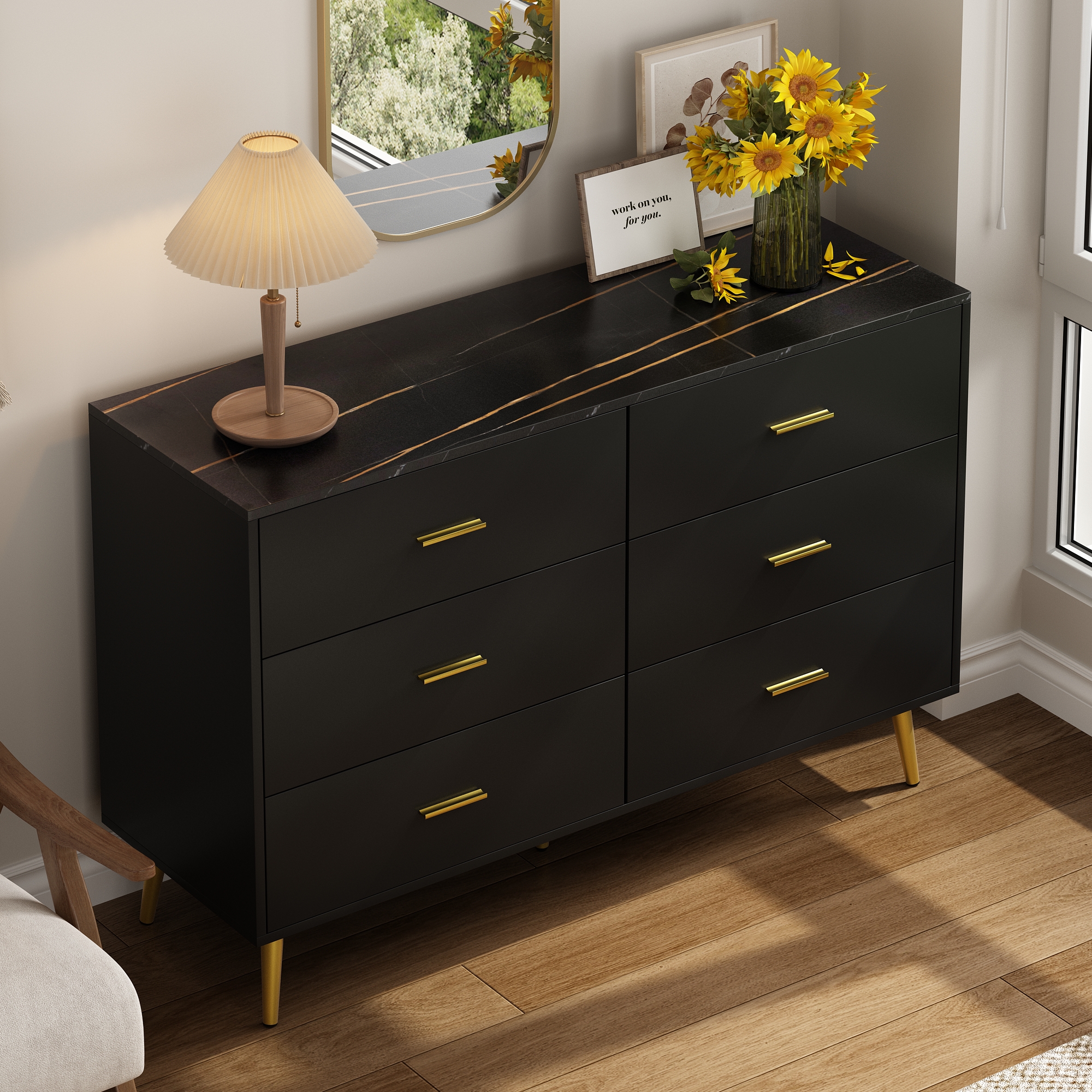 6 Drawer Dresser for Bedroom, Modern Wood Dresser with Wide Drawers and Metal Handles, Storage Chest of Drawers for Living Room Hallway Entryway
