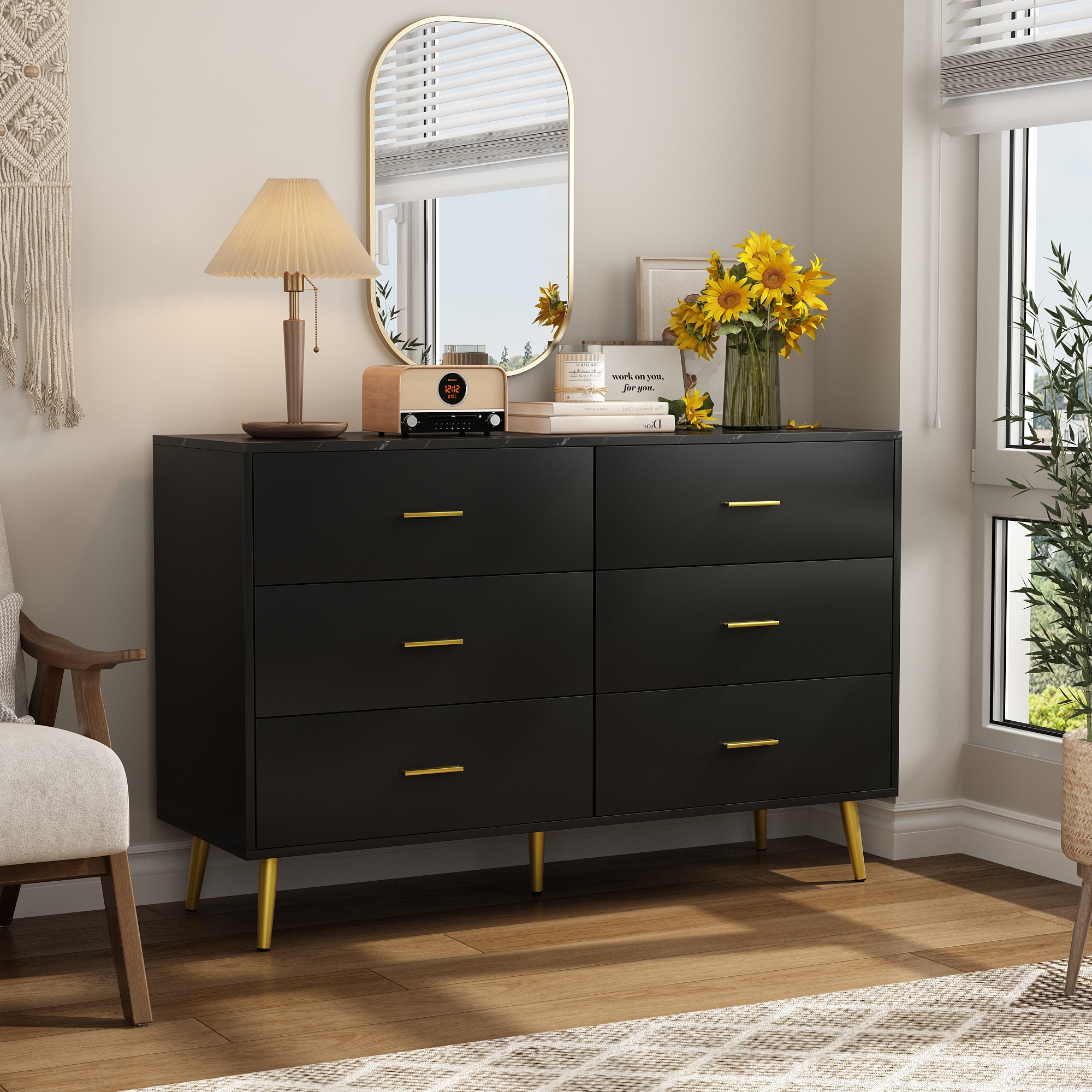 6 Drawer Dresser for Bedroom, Modern Wood Dresser with Wide Drawers and Metal Handles, Storage Chest of Drawers for Living Room Hallway Entryway