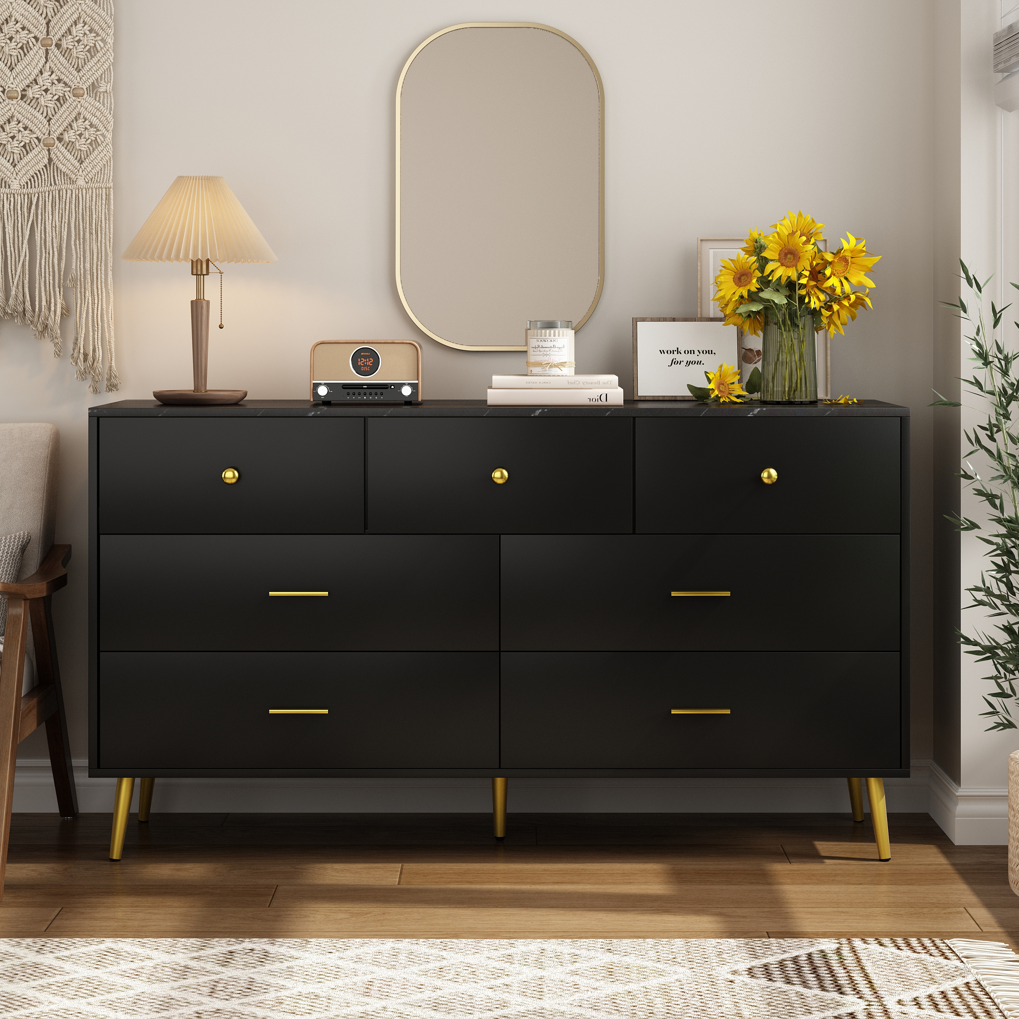 6 Drawer Dresser for Bedroom, Modern Wood Dresser with Wide Drawers and Metal Handles, Storage Chest of Drawers for Living Room Hallway Entryway