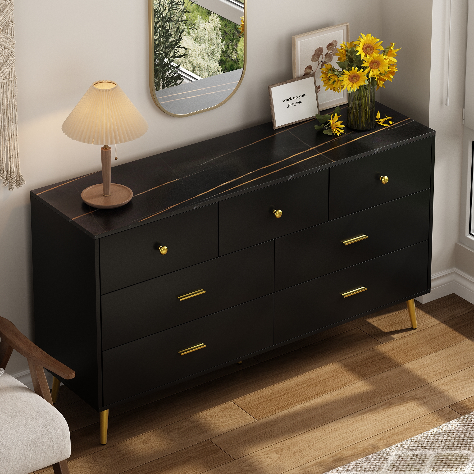 6 Drawer Dresser for Bedroom, Modern Wood Dresser with Wide Drawers and Metal Handles, Storage Chest of Drawers for Living Room Hallway Entryway