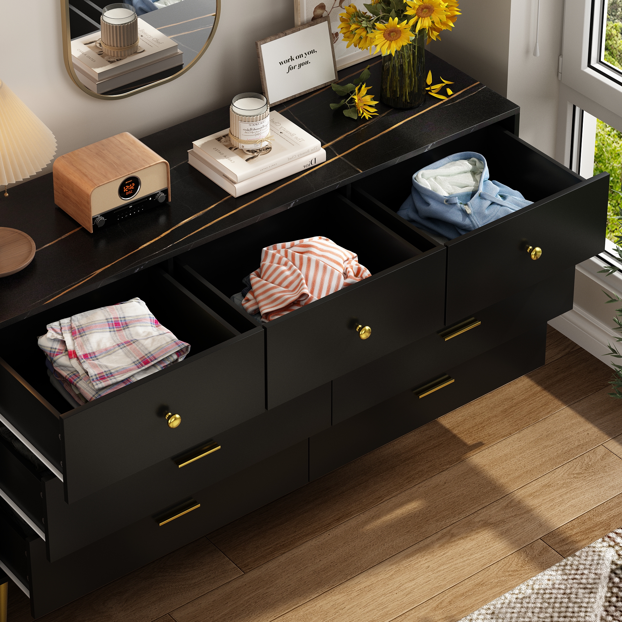 6 Drawer Dresser for Bedroom, Modern Wood Dresser with Wide Drawers and Metal Handles, Storage Chest of Drawers for Living Room Hallway Entryway